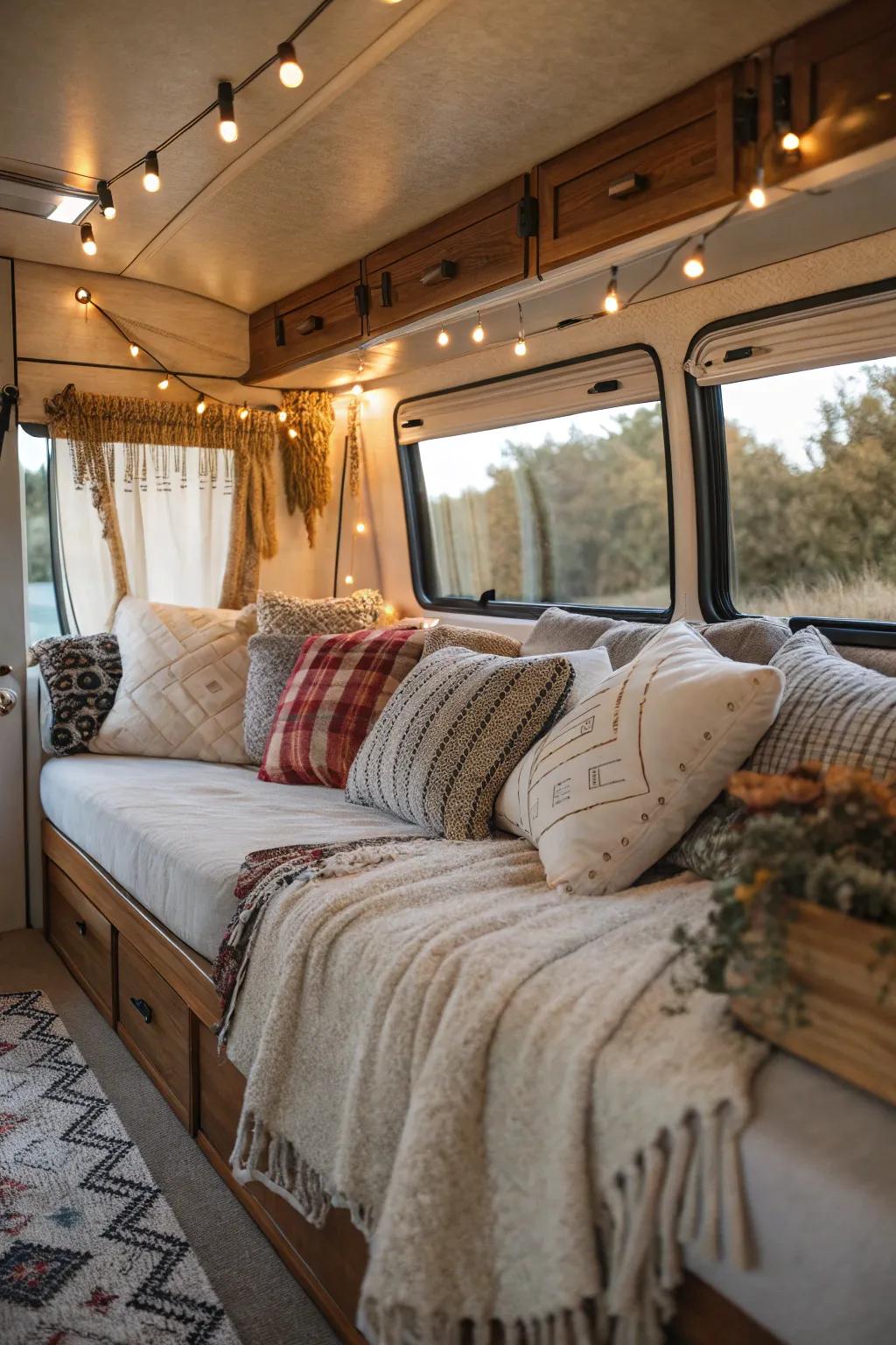 Adding textiles enhances the warmth and coziness of your RV, making it truly feel like a home away from home.