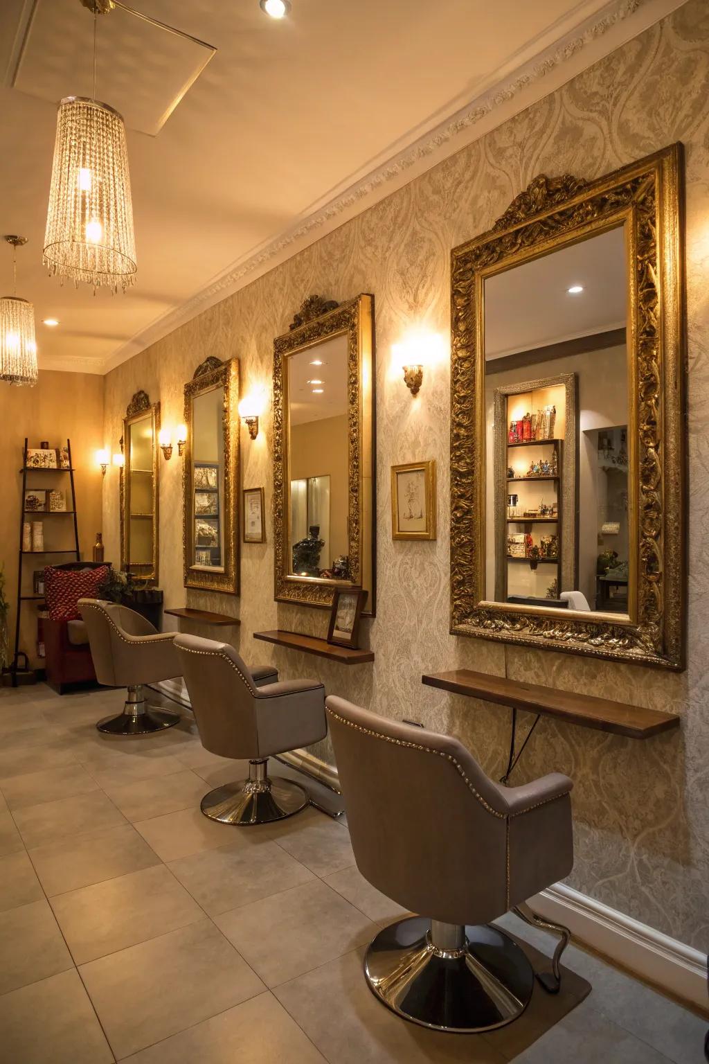 Reflectors that amplify light and grow the perceived area of the salon.