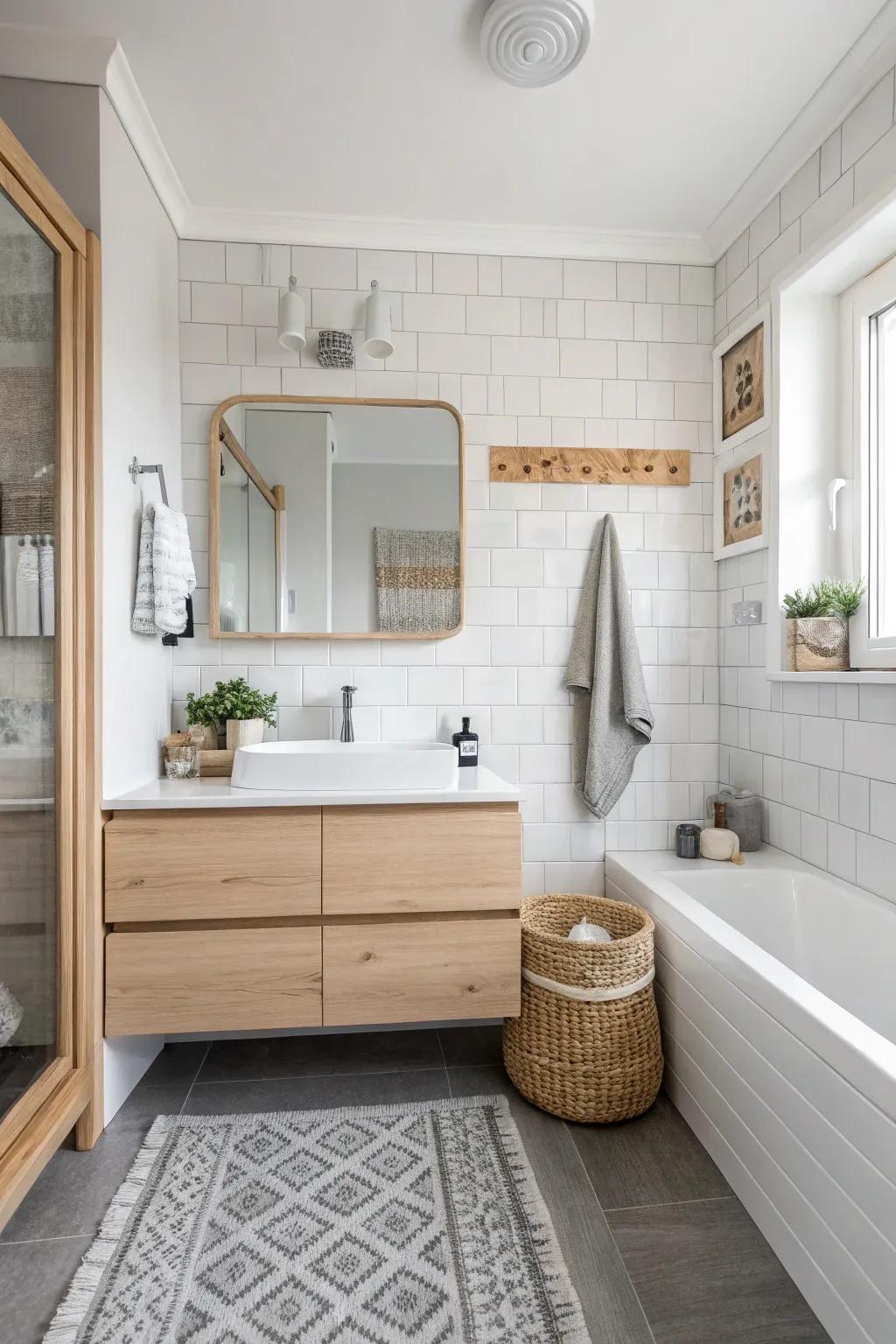 Neutral shades bring openness and light into your small bathroom.