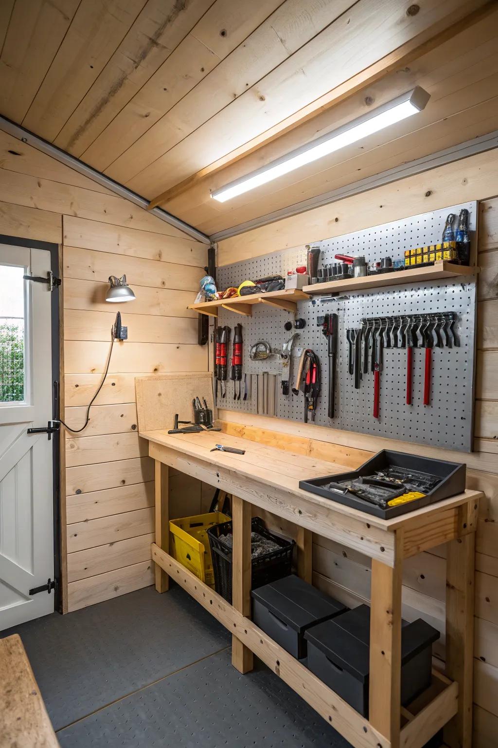 A neatly arranged workshop area inside a small shed.