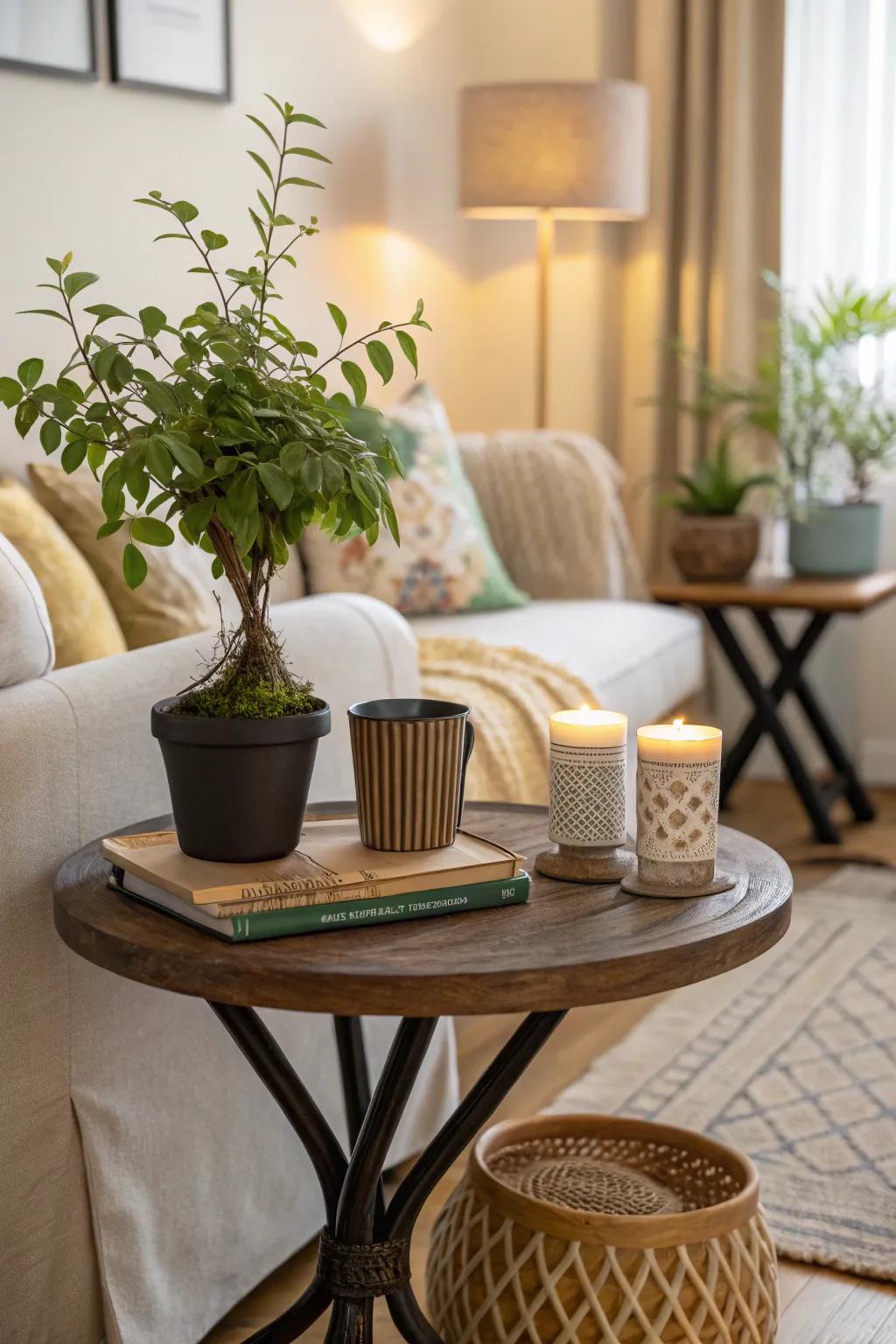 A lively plant infuses nature into a stylish side table.