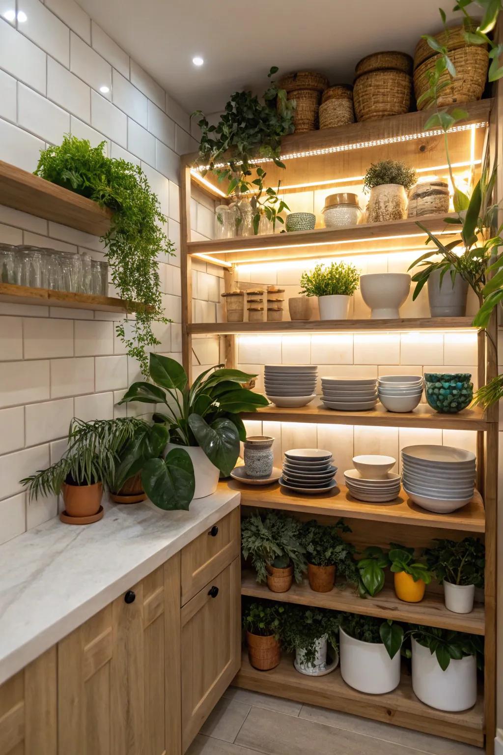 Open shelving in a small kitchen adds character and makes items easy to reach.