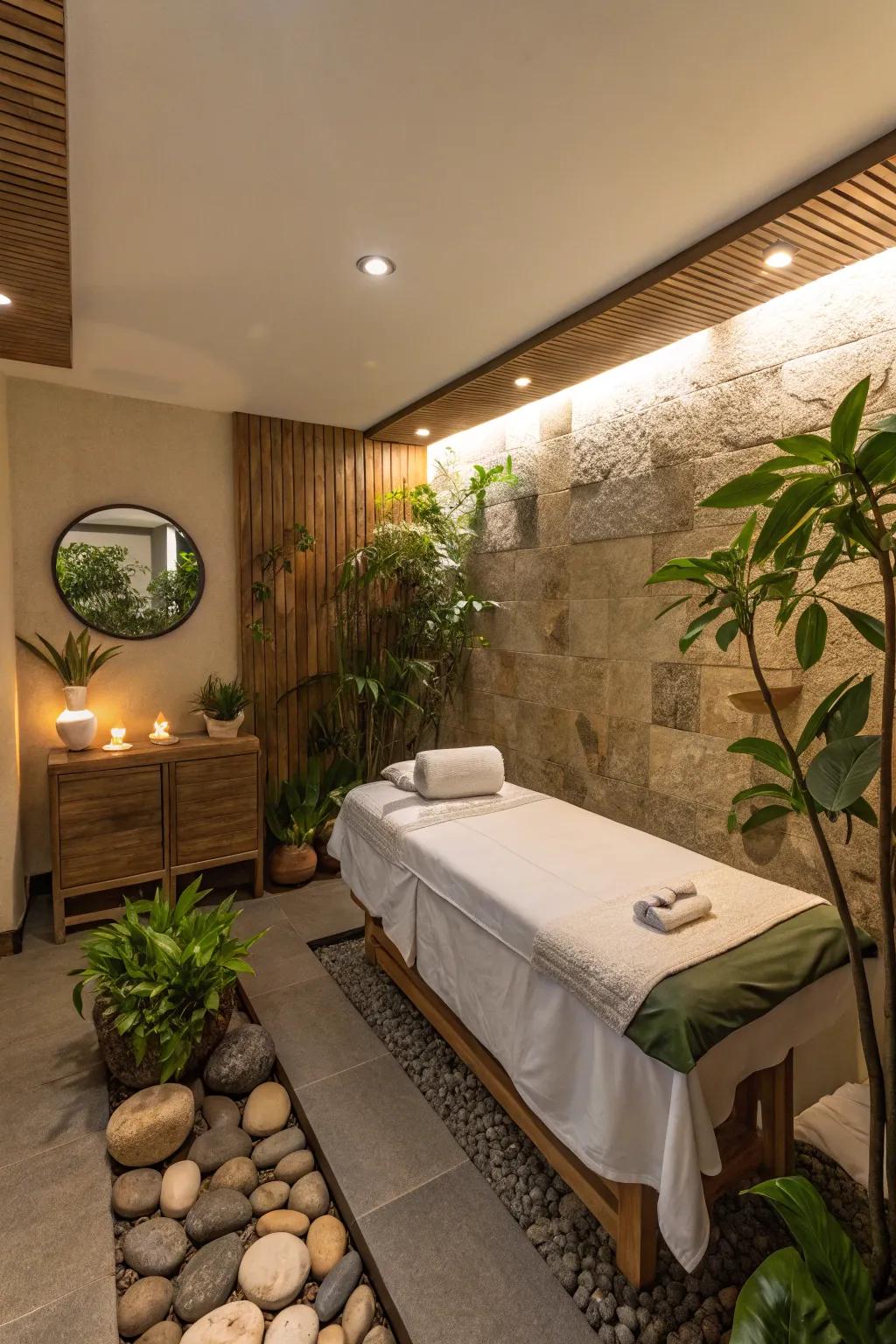 Organic accents such as plants and stones featured in a spa room