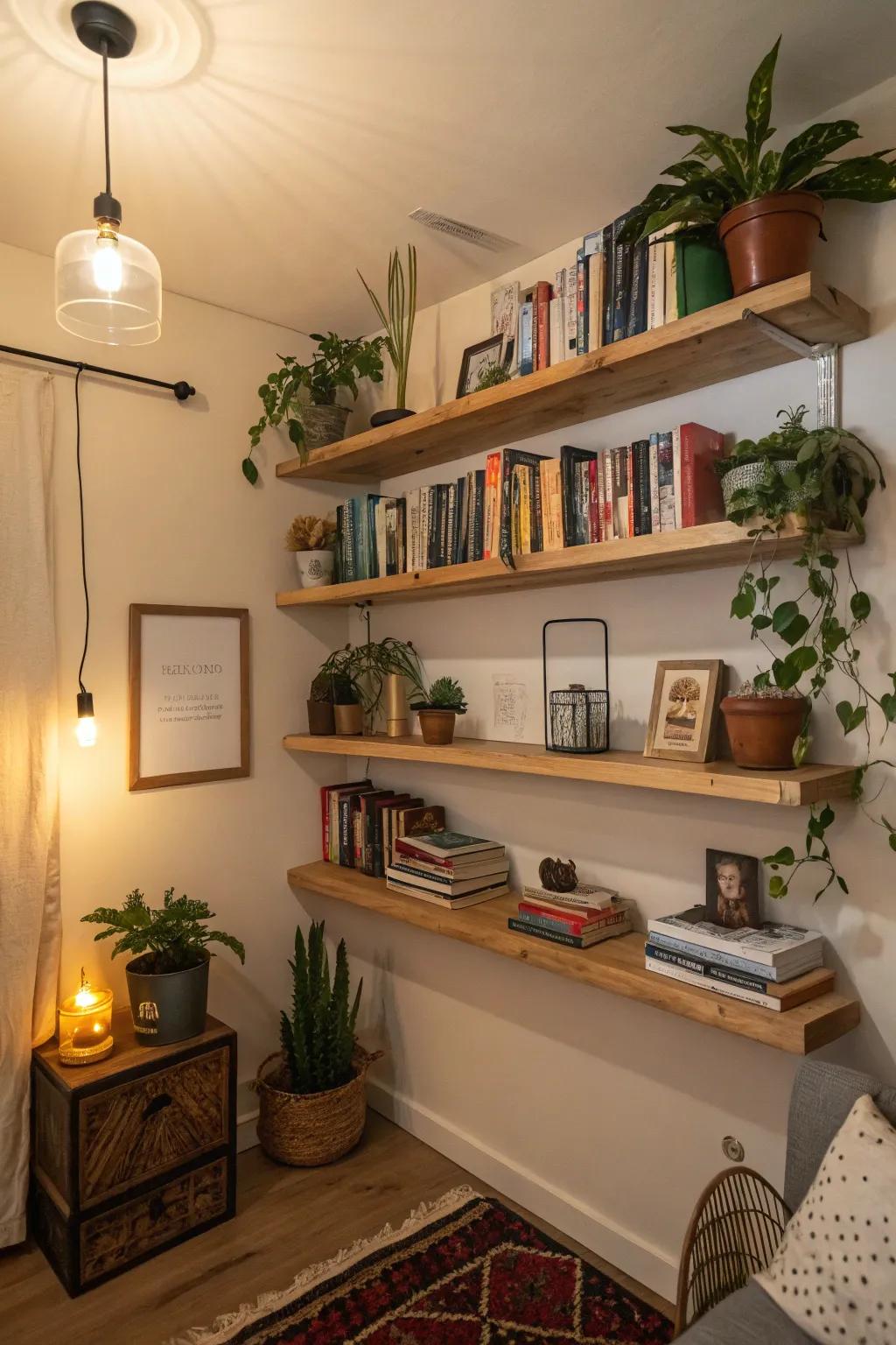 Floating shelves are a fashionable and practical way to store items in small spaces.