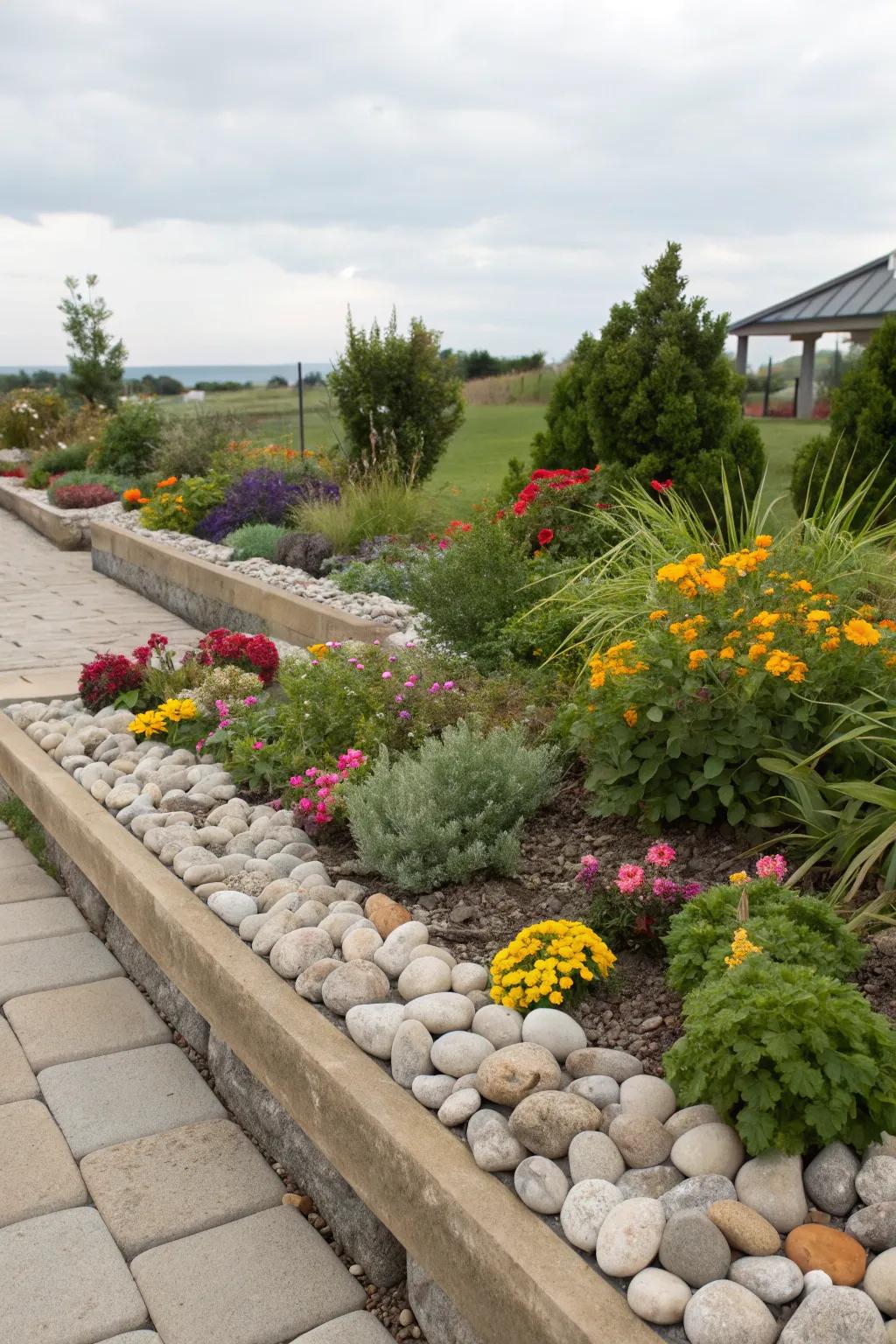 Elegant rock-bordered garden beds filled with flourishing plant life.
