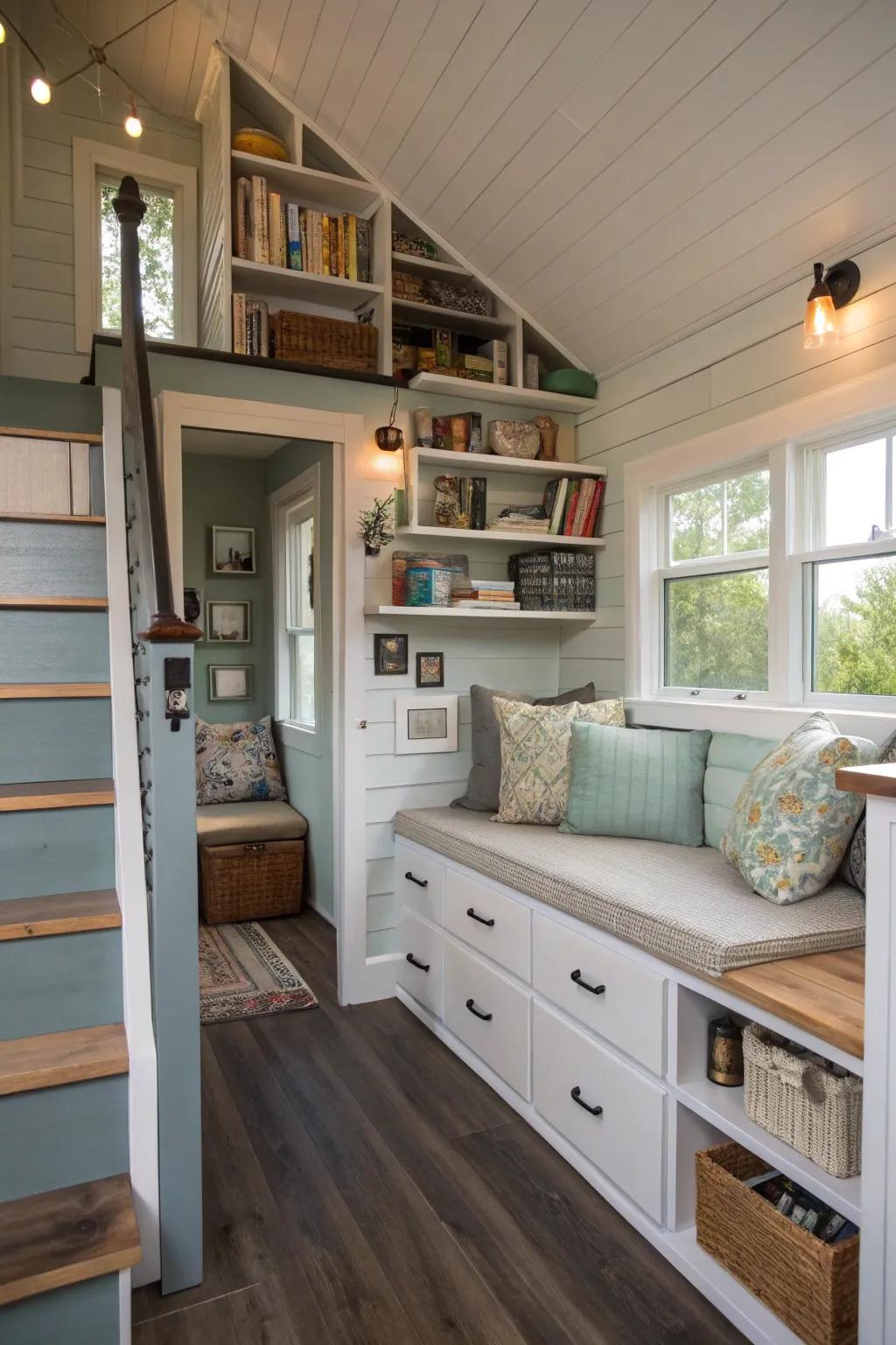 Creative storage options ensure tiny house living is structured and fashionable.