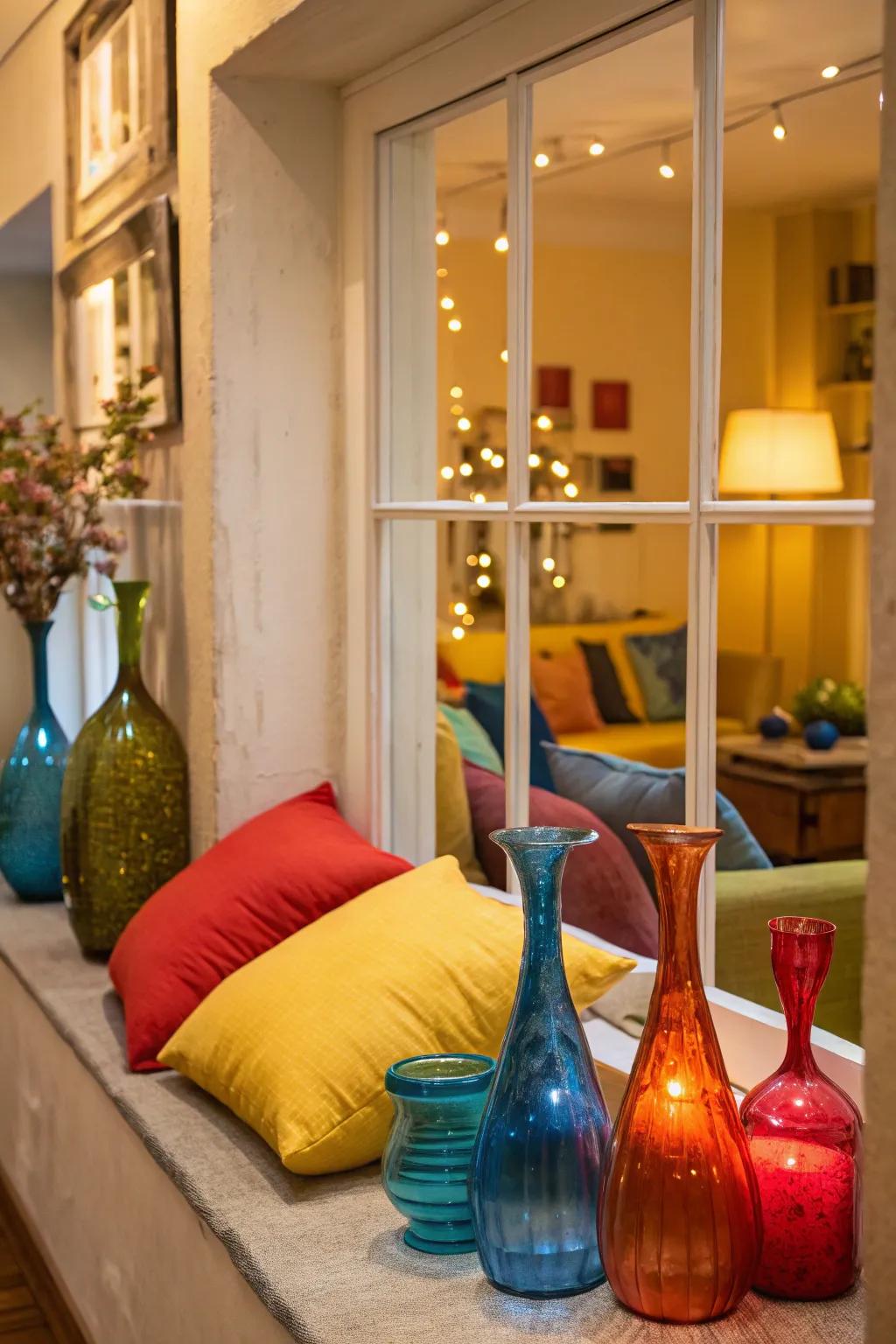 A vibrant window display using strong colors for a lively effect.