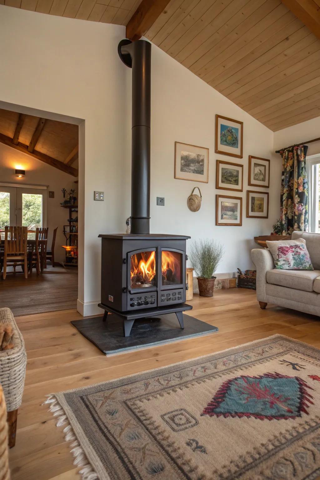 A double-sided wood stove gracefully divides and warms an open-plan living area.