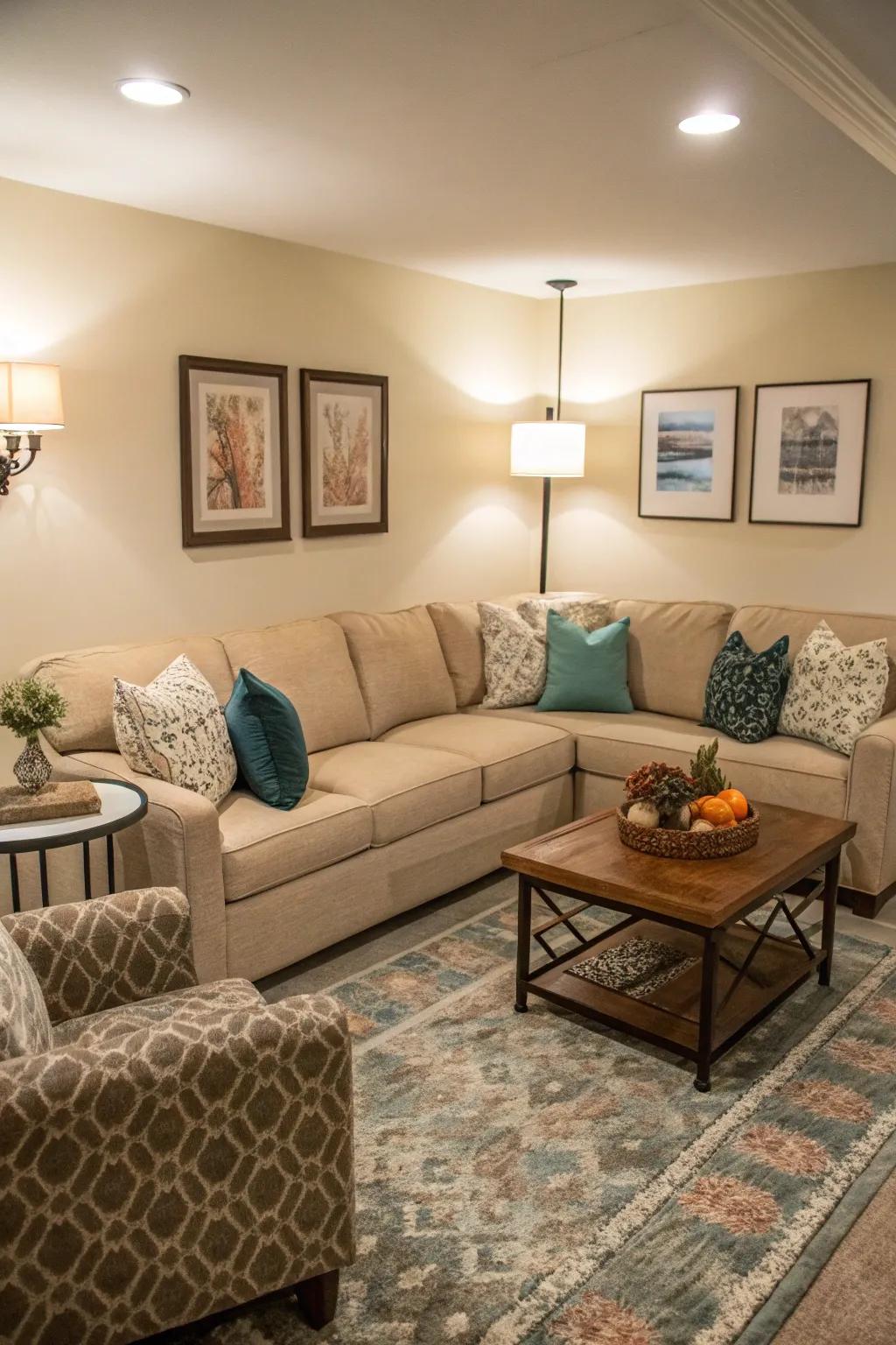 A corner sofa comfortably placed in the corner of a small living room.