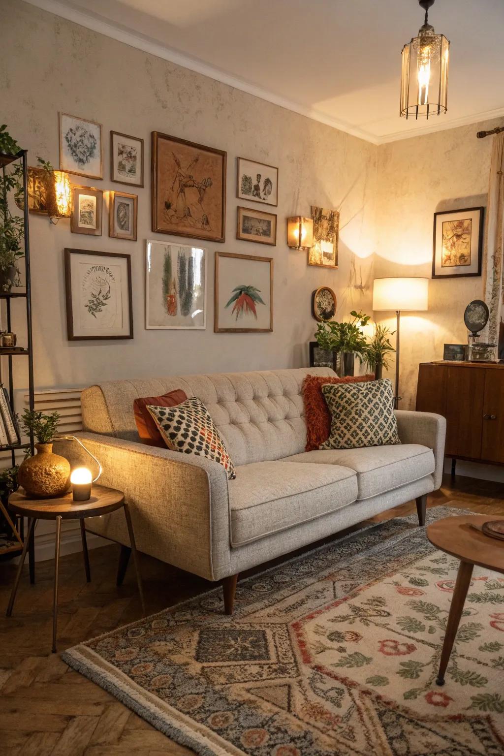 Vintage charm harmonizes with eclectic decor for a unique living area.