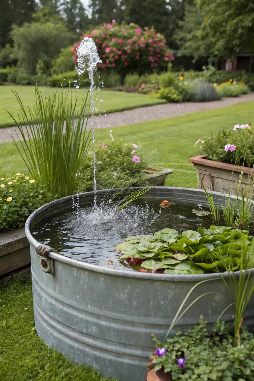 A weathered galvanized tub transformed into a delightful solar fountain.