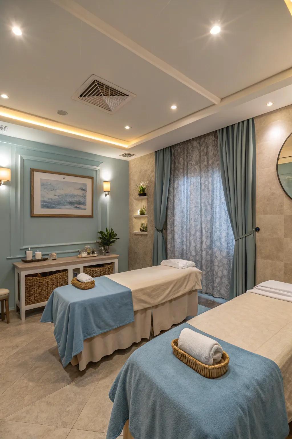 A tranquil color scheme contributes to a serene environment.