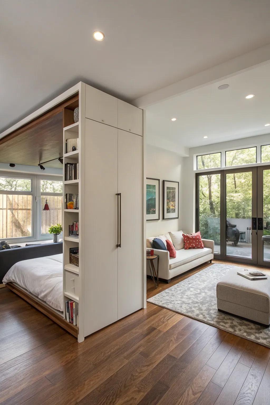 A foldaway bed conveniently disappears, providing increased space for daily activities.