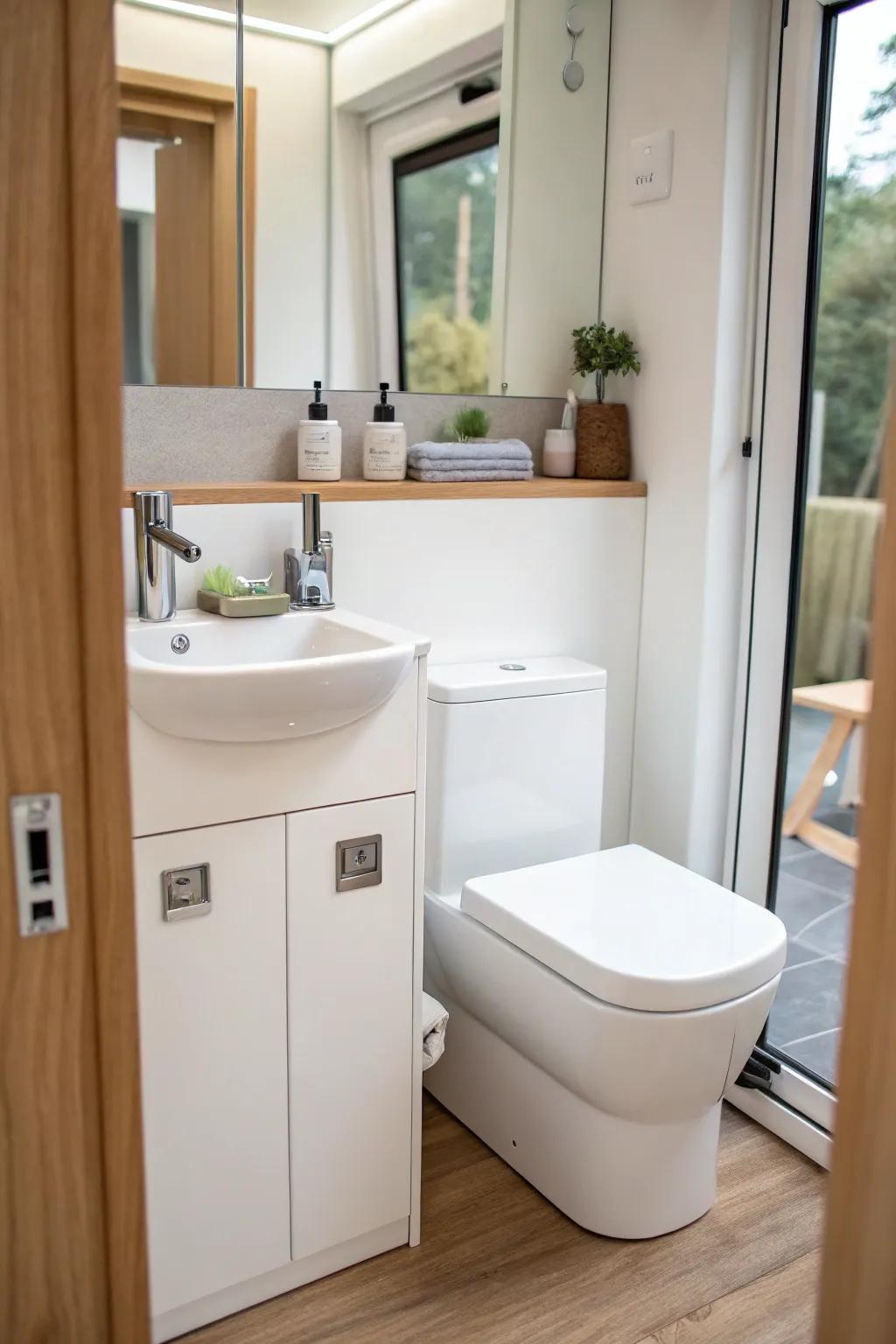Refined, narrow fixtures enhance the feeling of spaciousness in the bathroom.