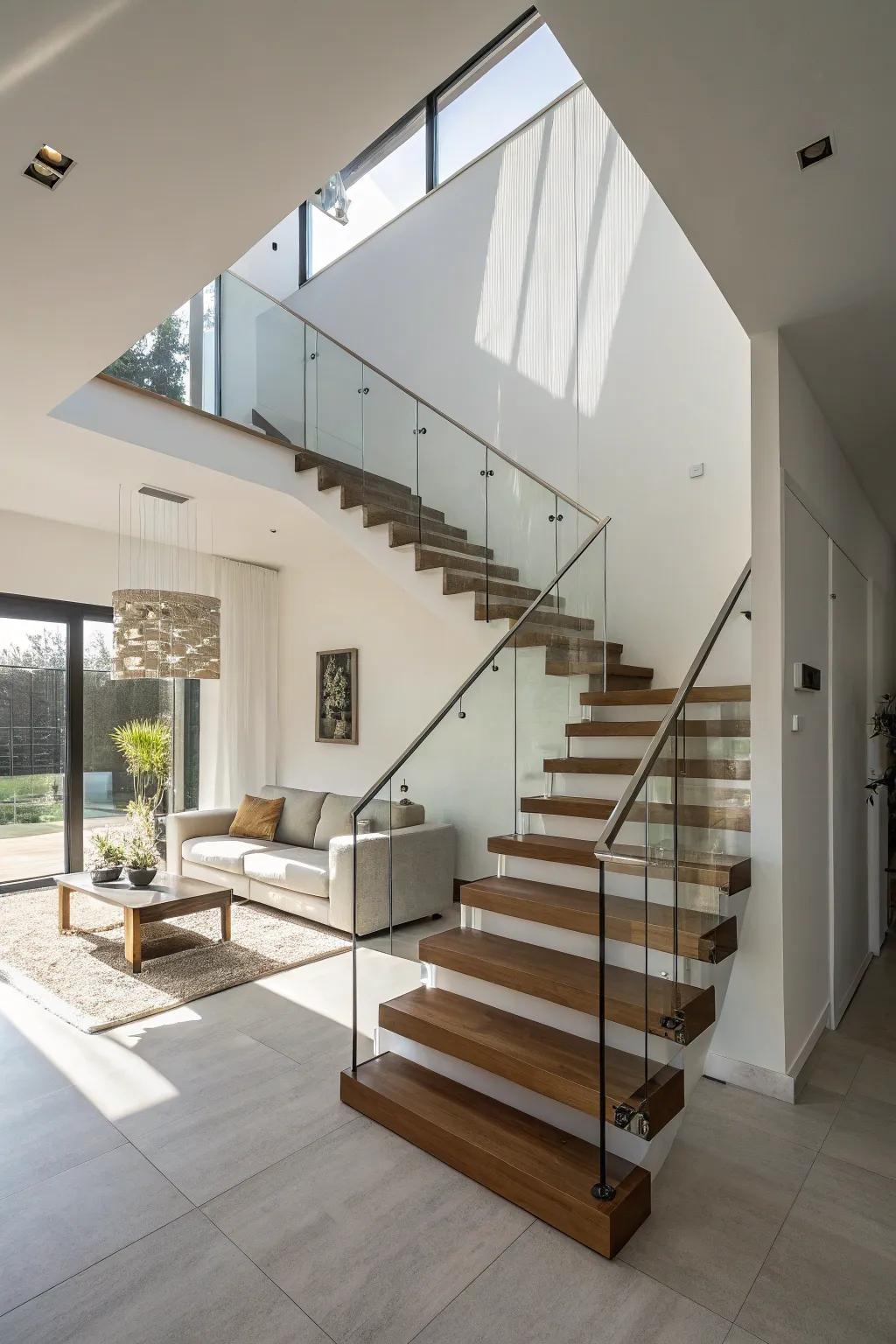 Floating staircase adding an airy feel to a minimalist home.