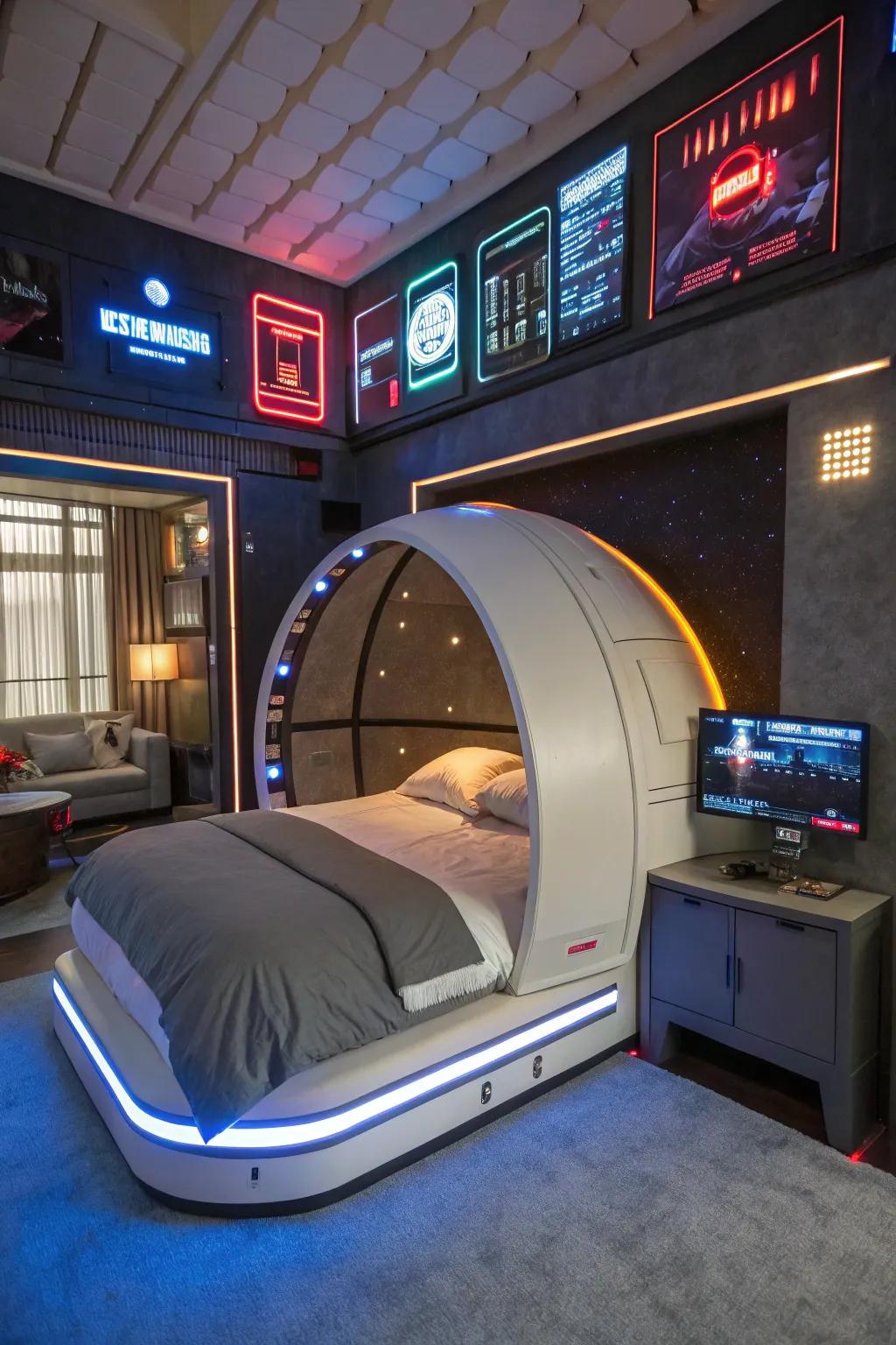 A space capsule bed that serves as the main attraction of the room.