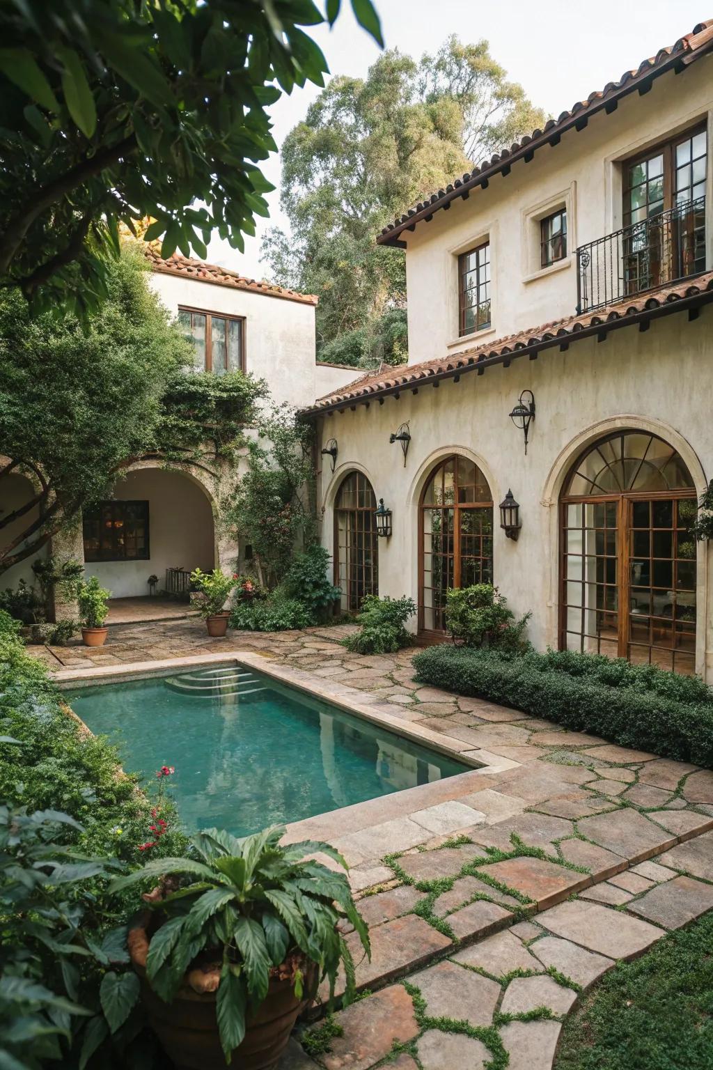 Elegant arches frame the views in this Spanish-style backyard retreat.