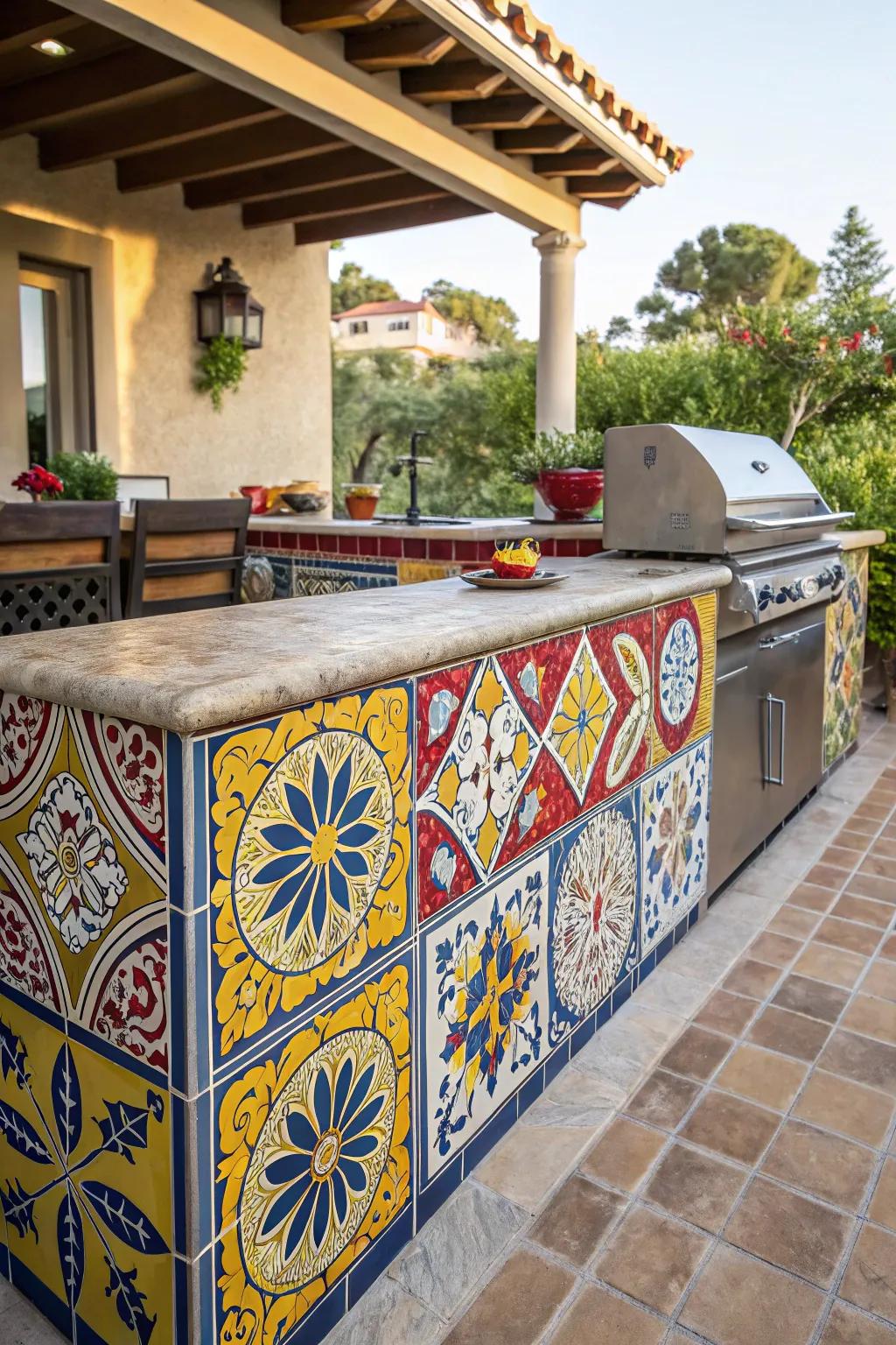 Bright Spanish tiles bring a pop of color to this delightful outdoor kitchen.