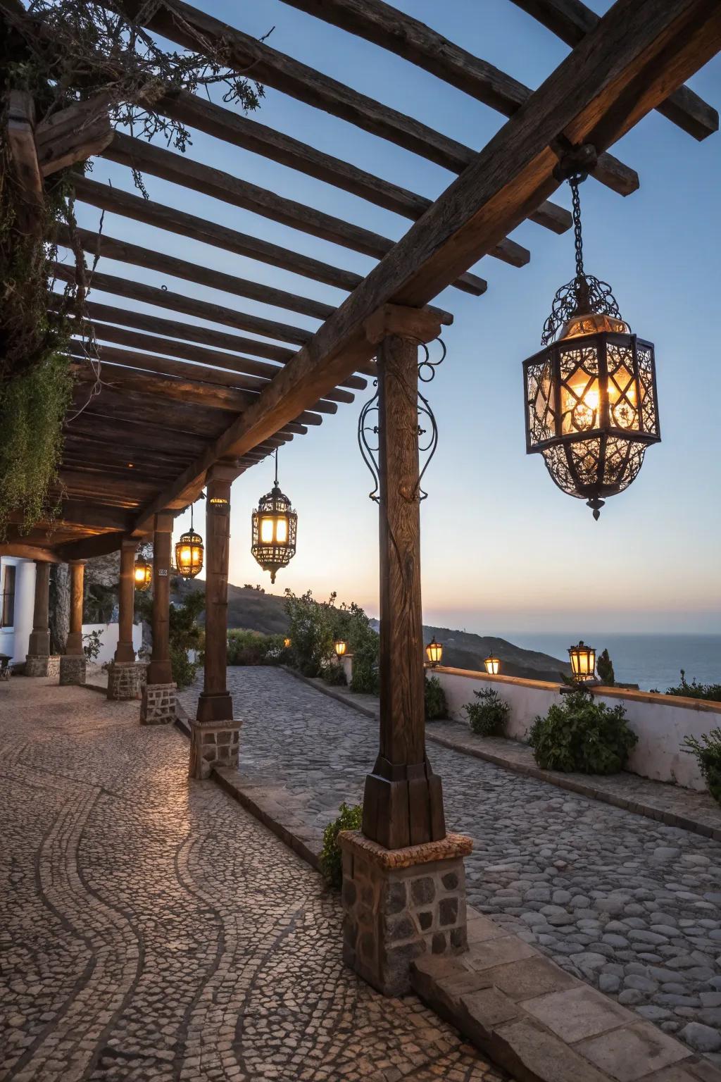 Ornate metal touches add elegance to the pergola design.