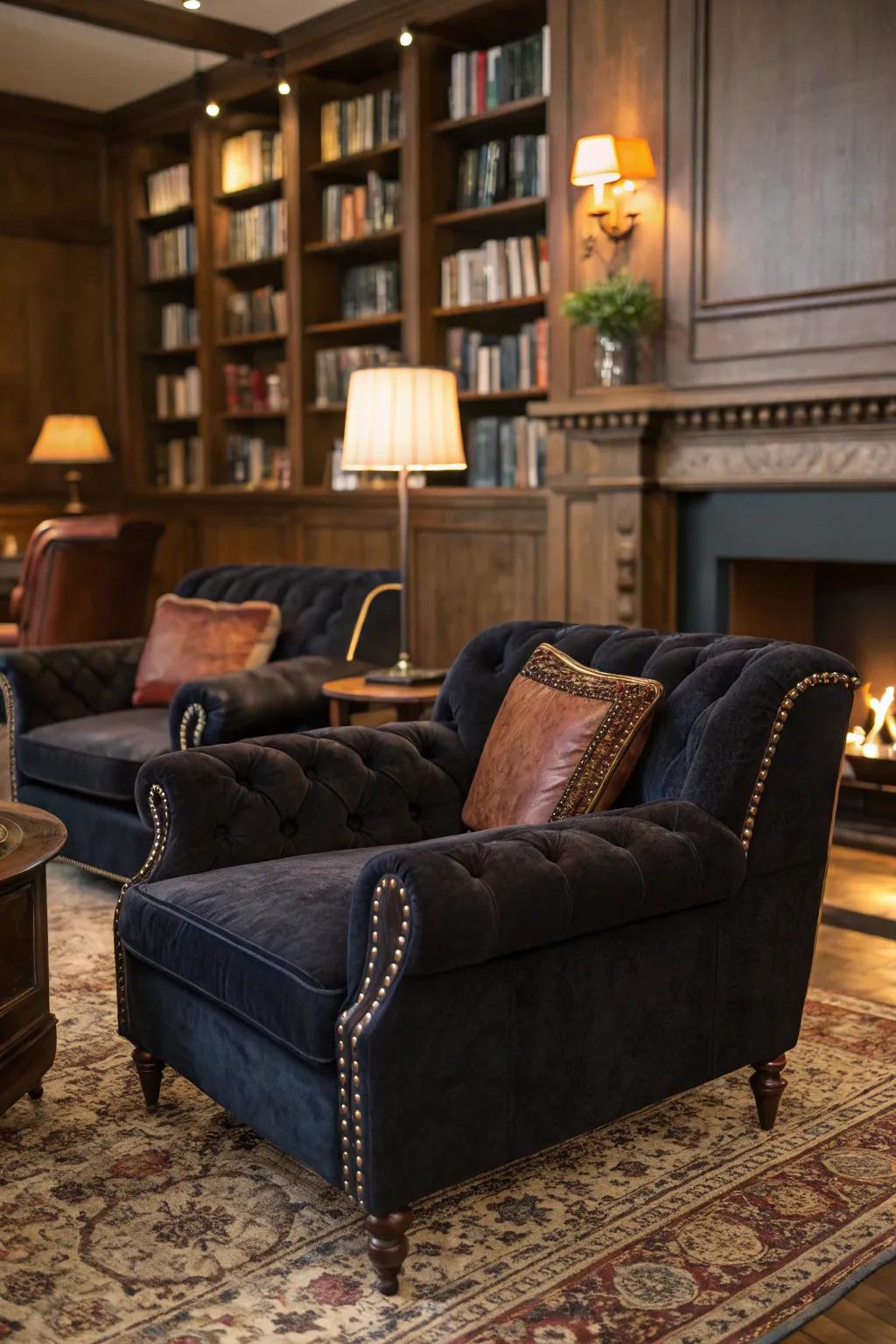 Velvet and leather craft an opulent and welcoming environment.