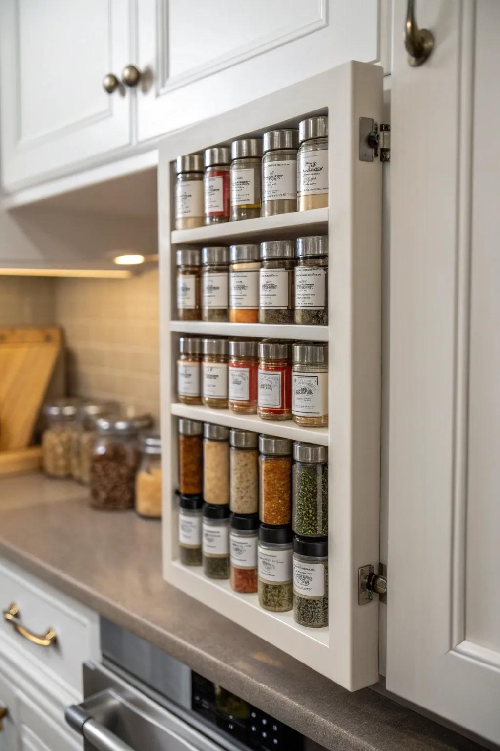 Stashed spice storage on the interior of a cabinet door.