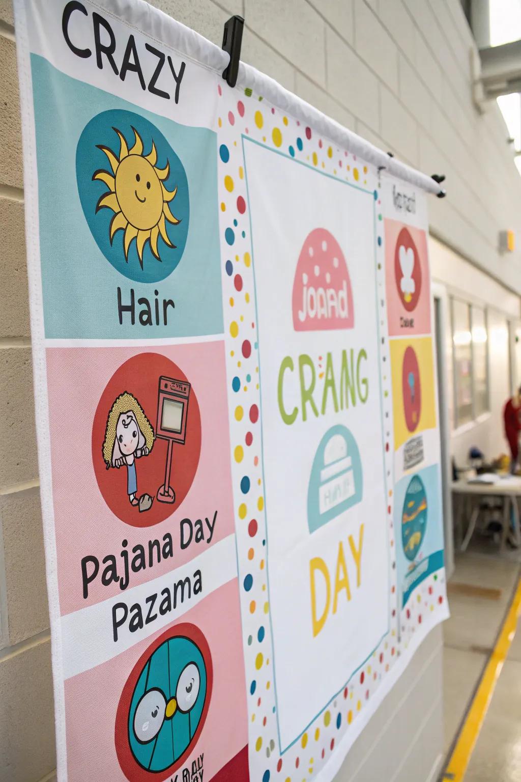 A playful sign showcasing themed day emblems, adding a fun twist.