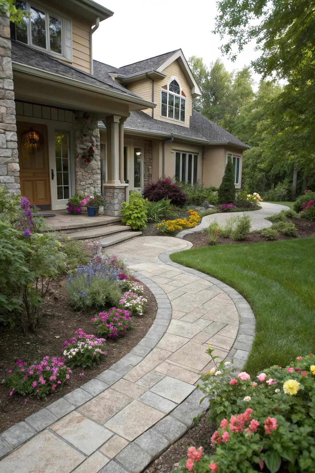 Winding walkways enhance the journey leading to your front entrance.