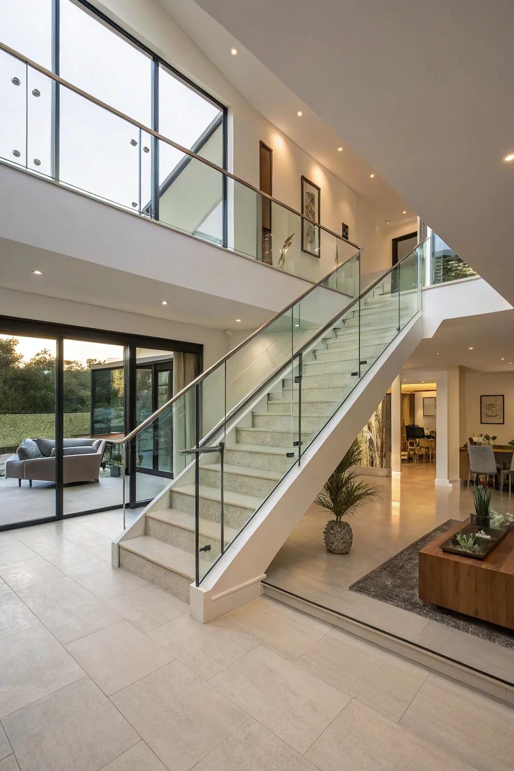 Minimalist glass panel railings brighten up a split-level home.