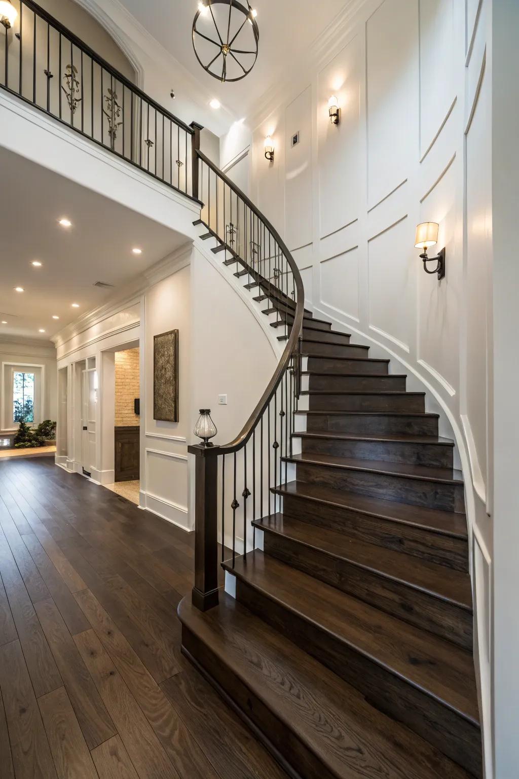 Dark timber steps provide a dramatic contrast set against light walls.