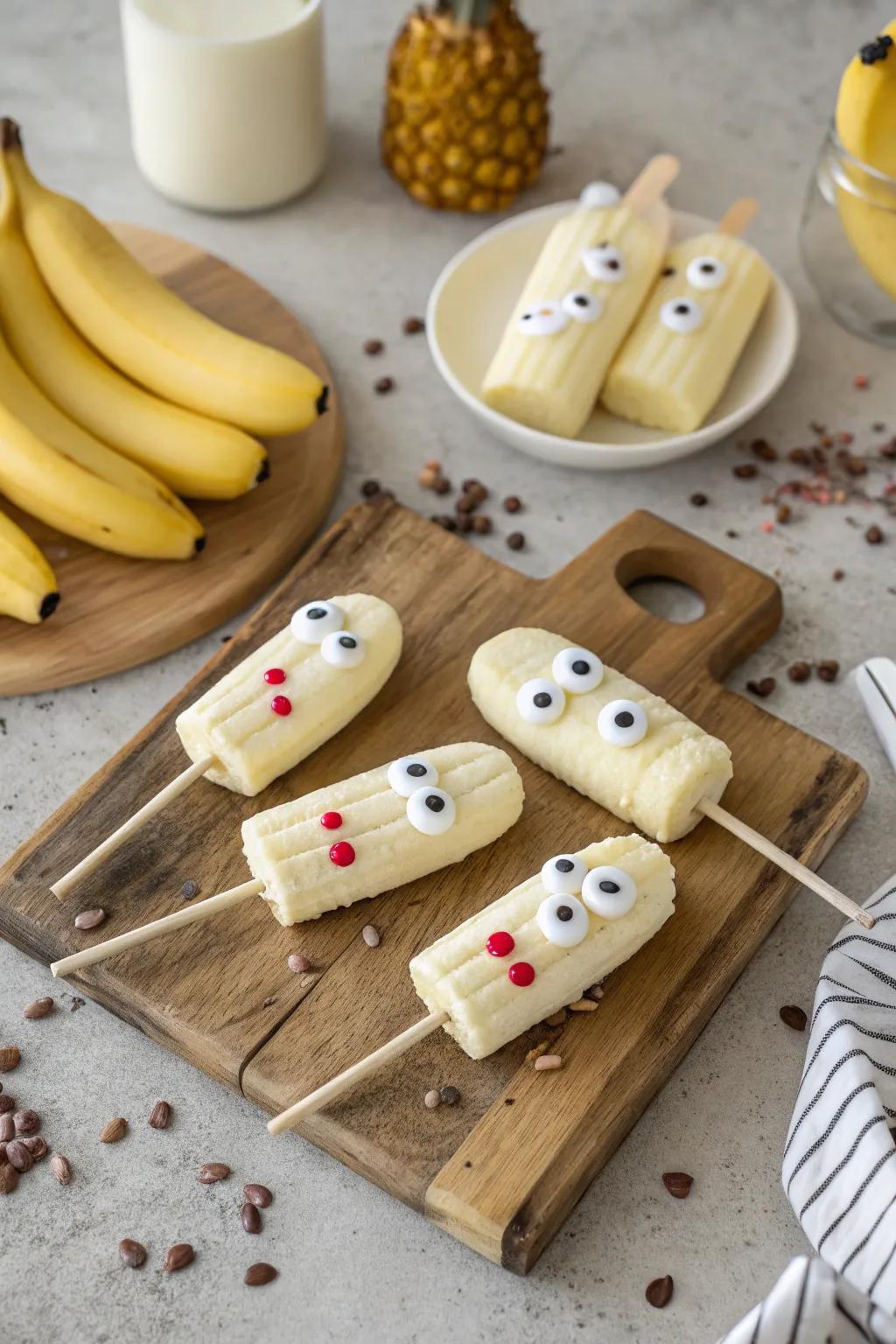 Ghostly banana pops all ready for a spooky treat time.