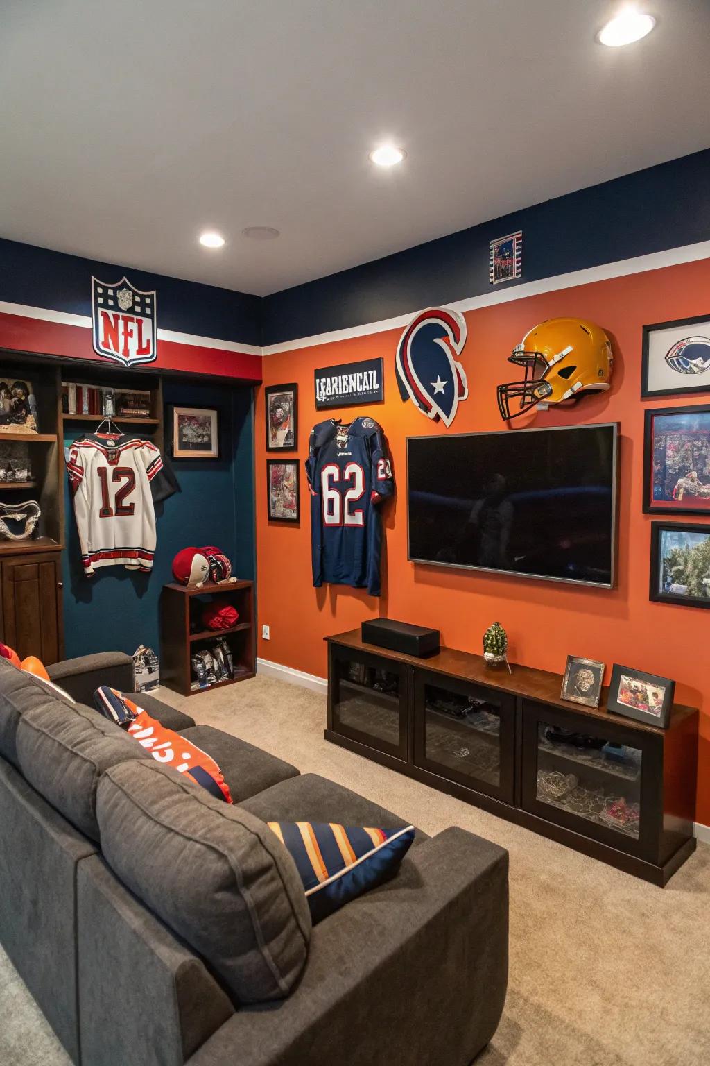 A touch of team spirit adds a personal feel to this man cave.
