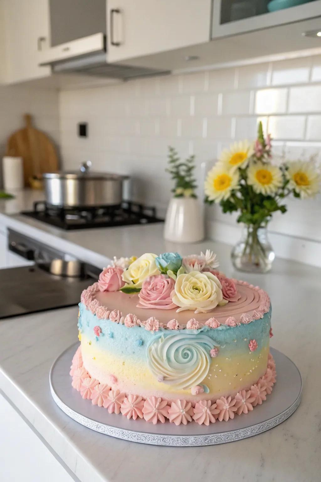 A pastel-colored cake, ideal for spring birthdays.