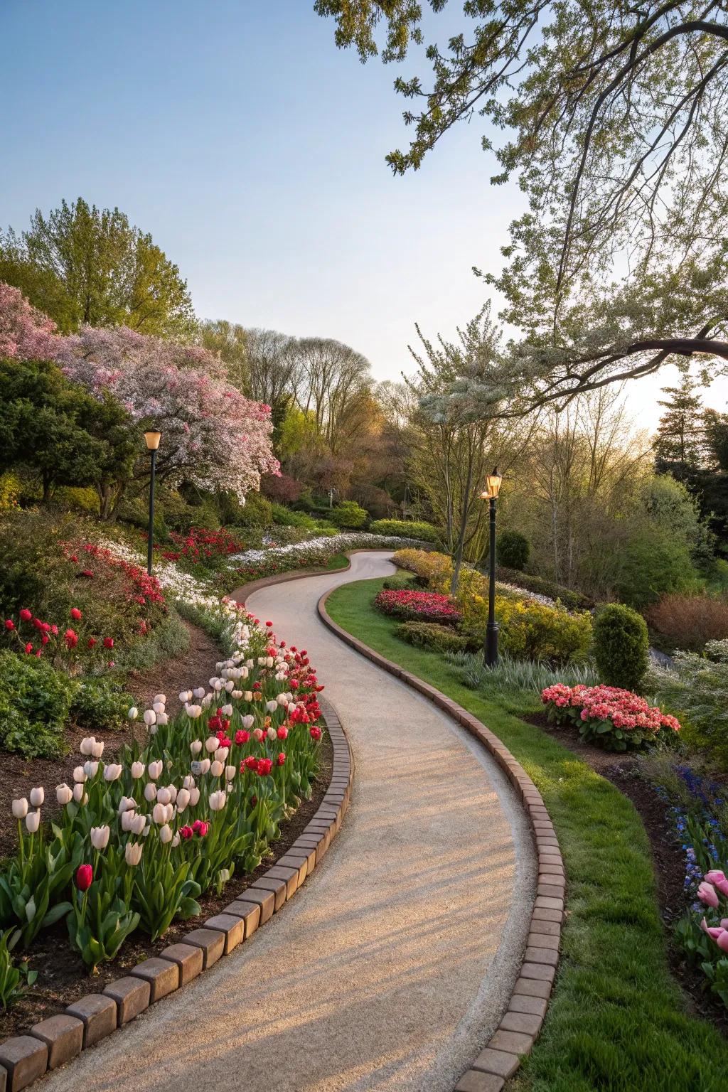 Winding paths bordered with vibrant flowers infuse charm into any garden setting.