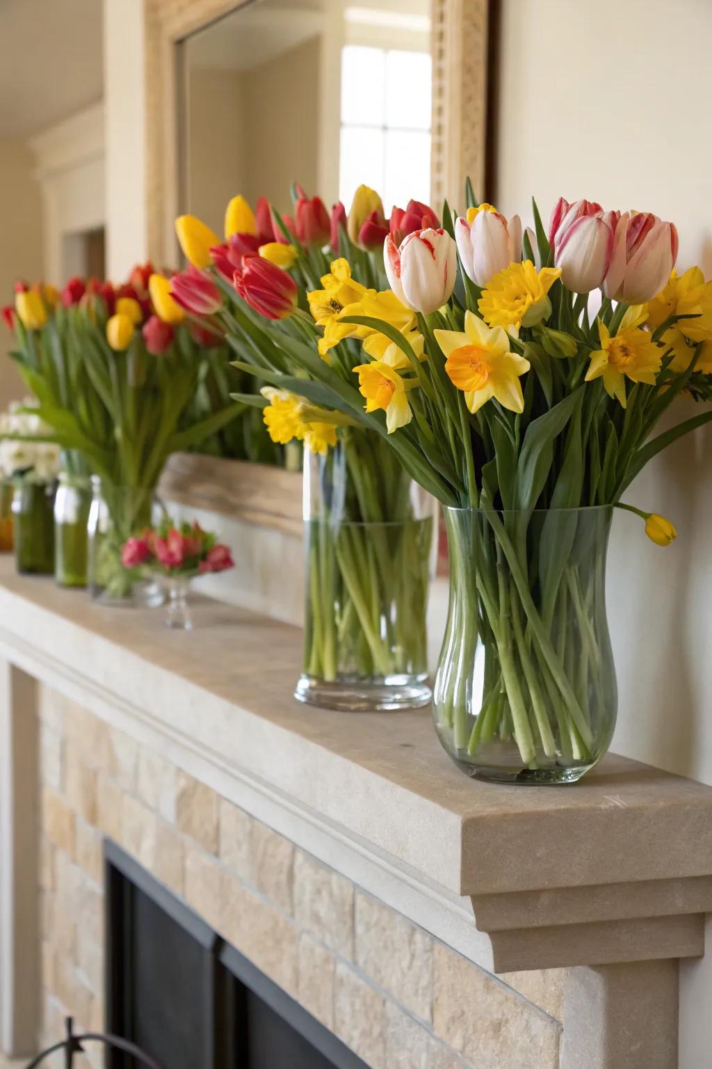 A springtime spectacle featuring tulips and daffodils beautifully displayed on the mantel.
