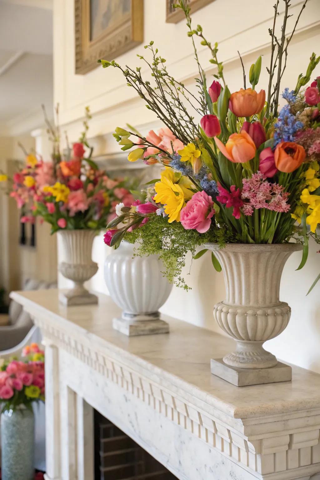 Brilliant blossom accents breathe life and vibrancy into your mantel.