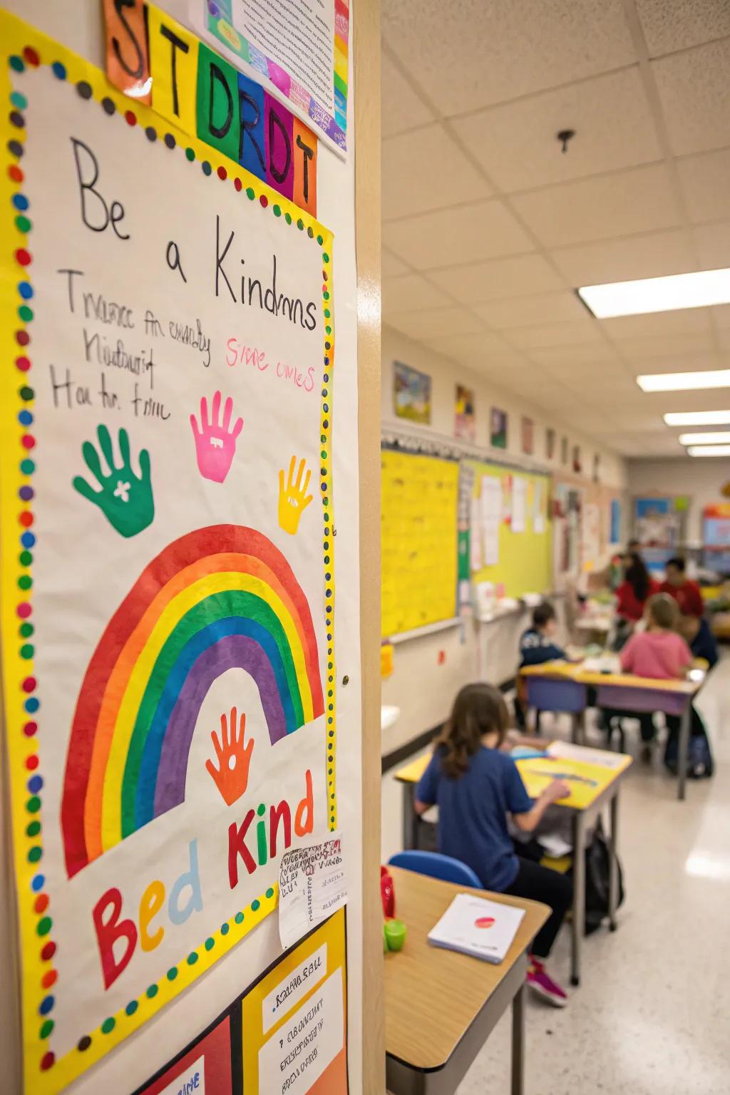 A kindness spectrum formed from students' handprints.