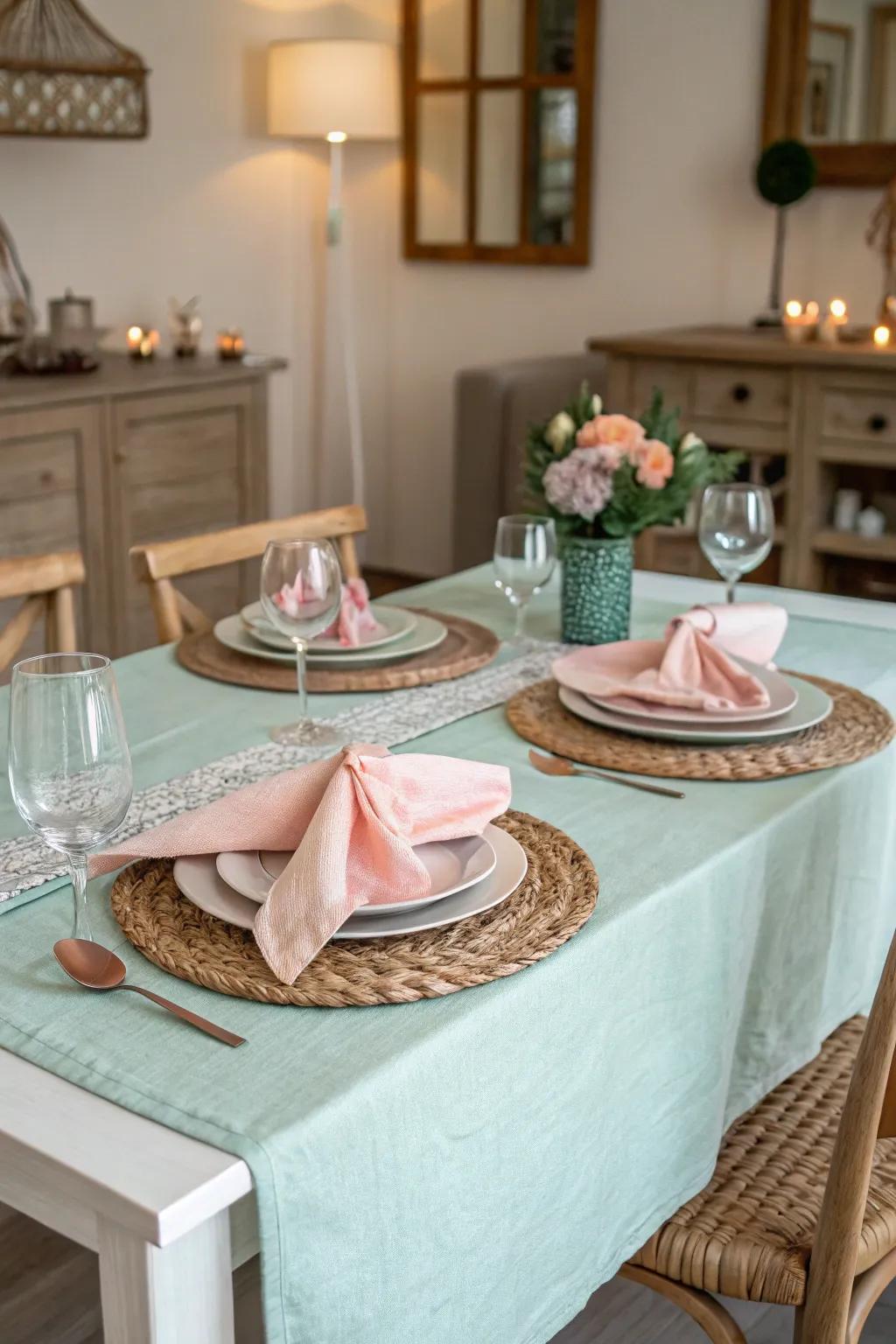 Soft hues produce a peaceful spring table setting.