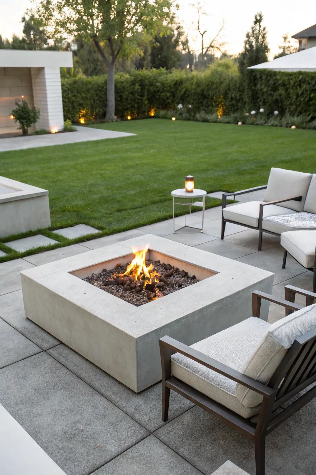 A contemporary concrete fire pit introduces a dash of modern sophistication to any patio.
