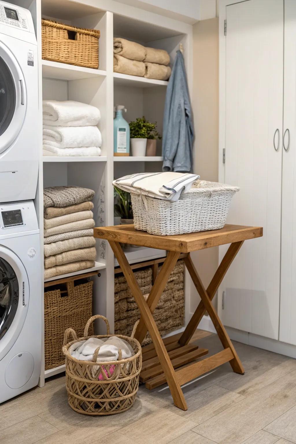 A dedicated folding station adds practicality to your laundry space.