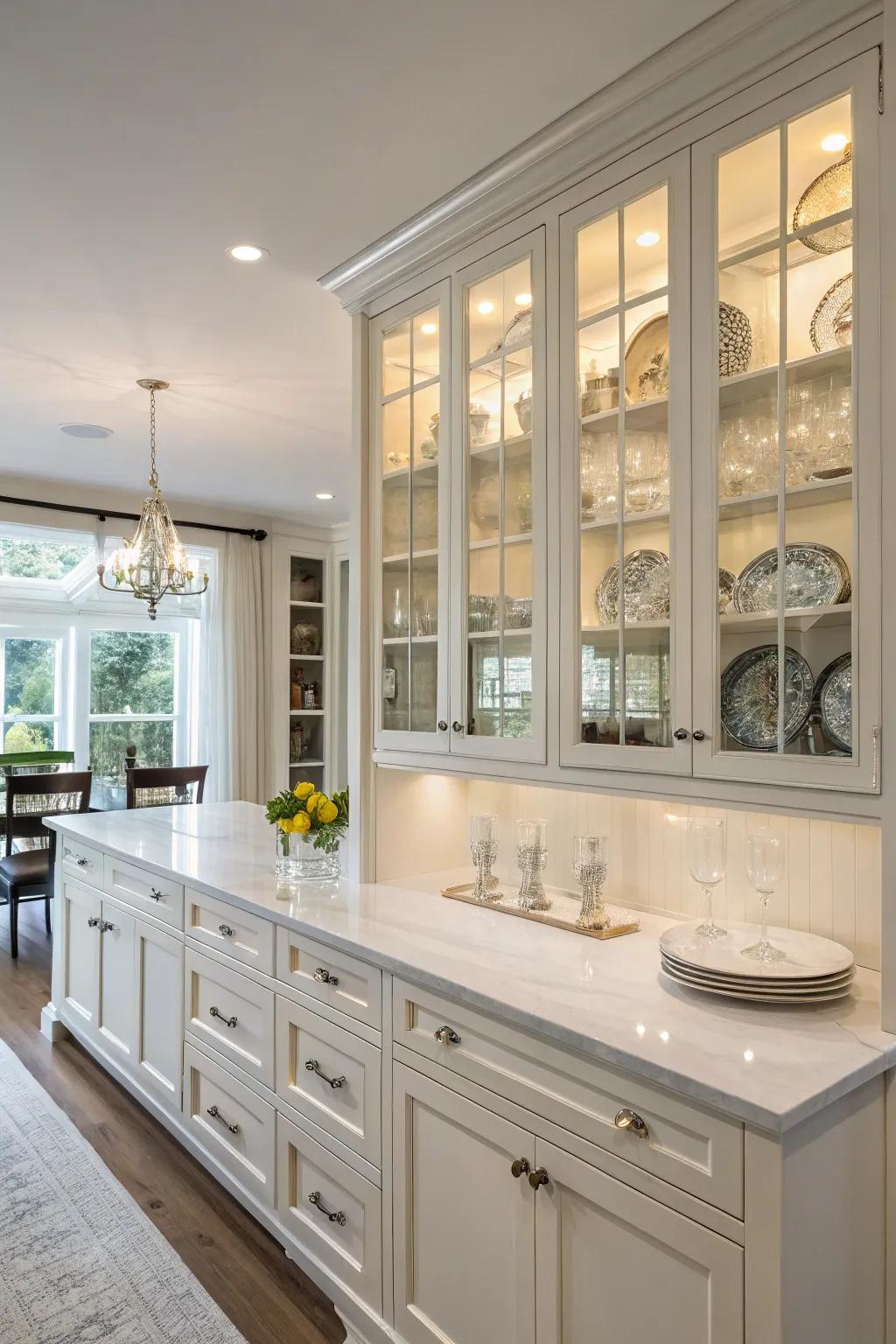Glass-front cabinets fostering an inviting space by presenting attractive dinnerware.