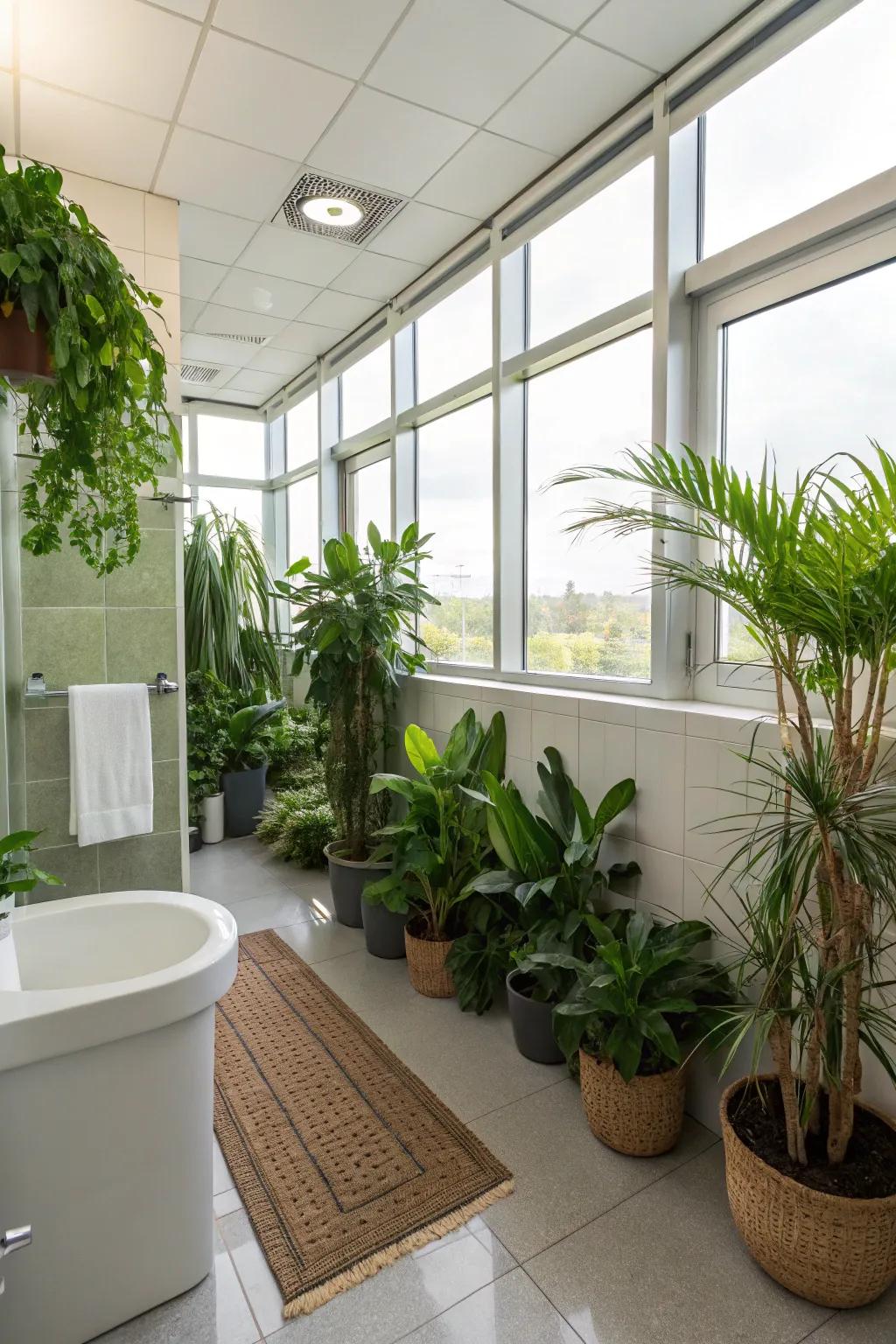 Abundant greenery offers a revitalizing component to this employee bathroom.