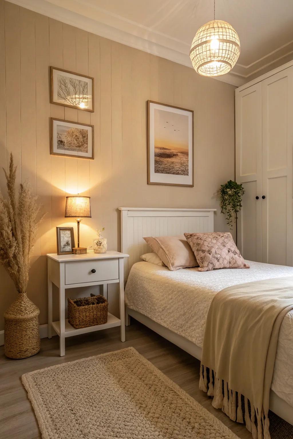 Neutral tones establish a cozy and adaptable setting.