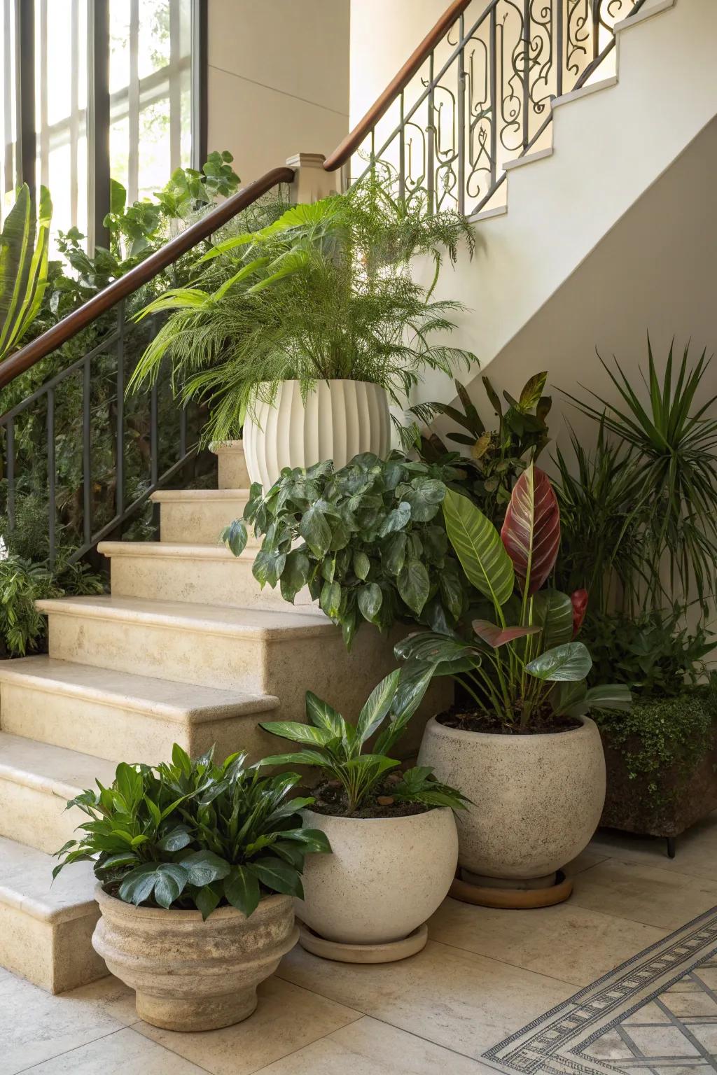 Indoor plants breathe life into your stair landing, making it a vibrant and fresh space.