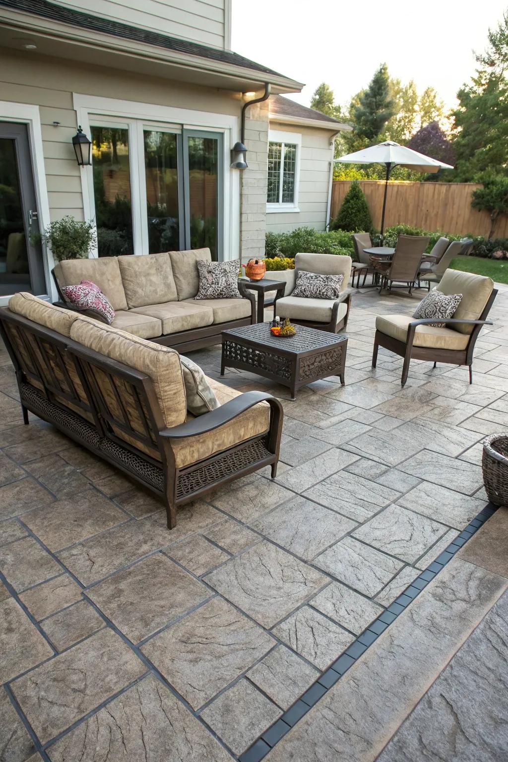 A stamped concrete patio featuring a range of seating choices for ultimate relaxation.