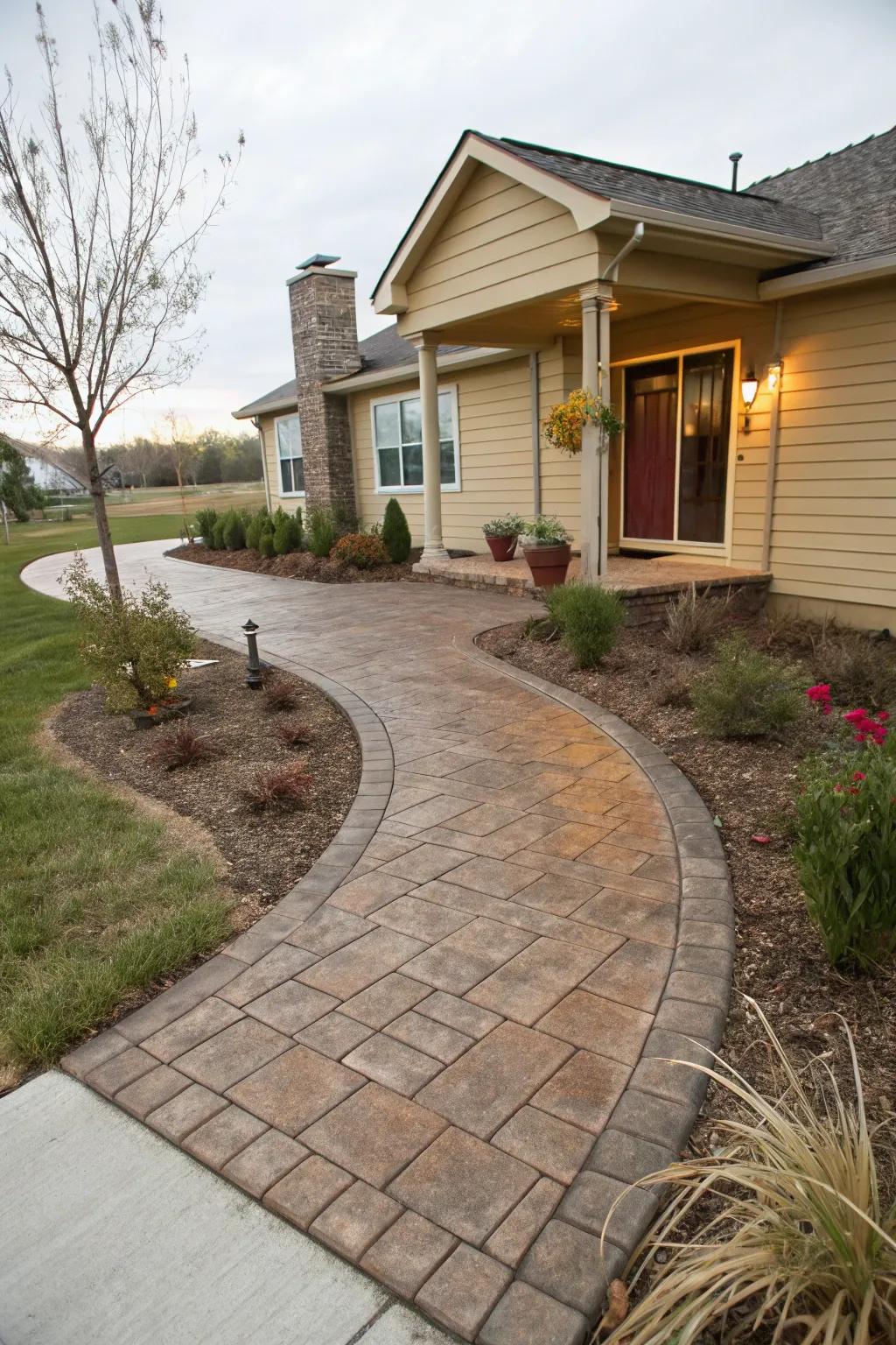 Embrace the warm feel with a brick-patterned stamped concrete path.