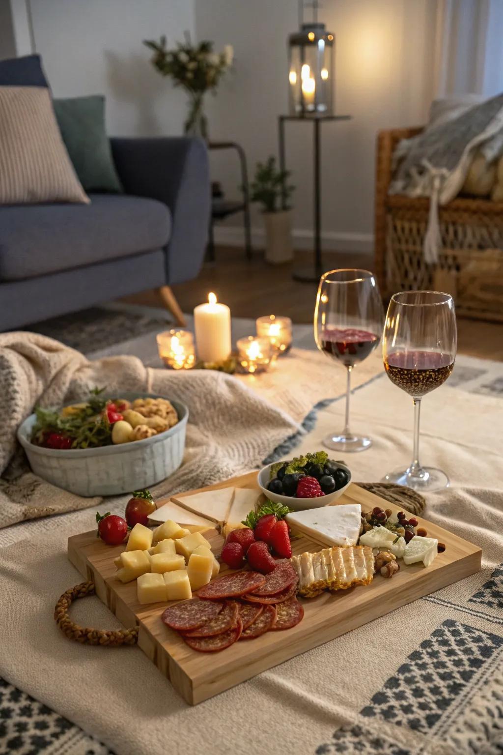 Savor an intimate indoor picnic with your cherished snacks and a glass of wine.