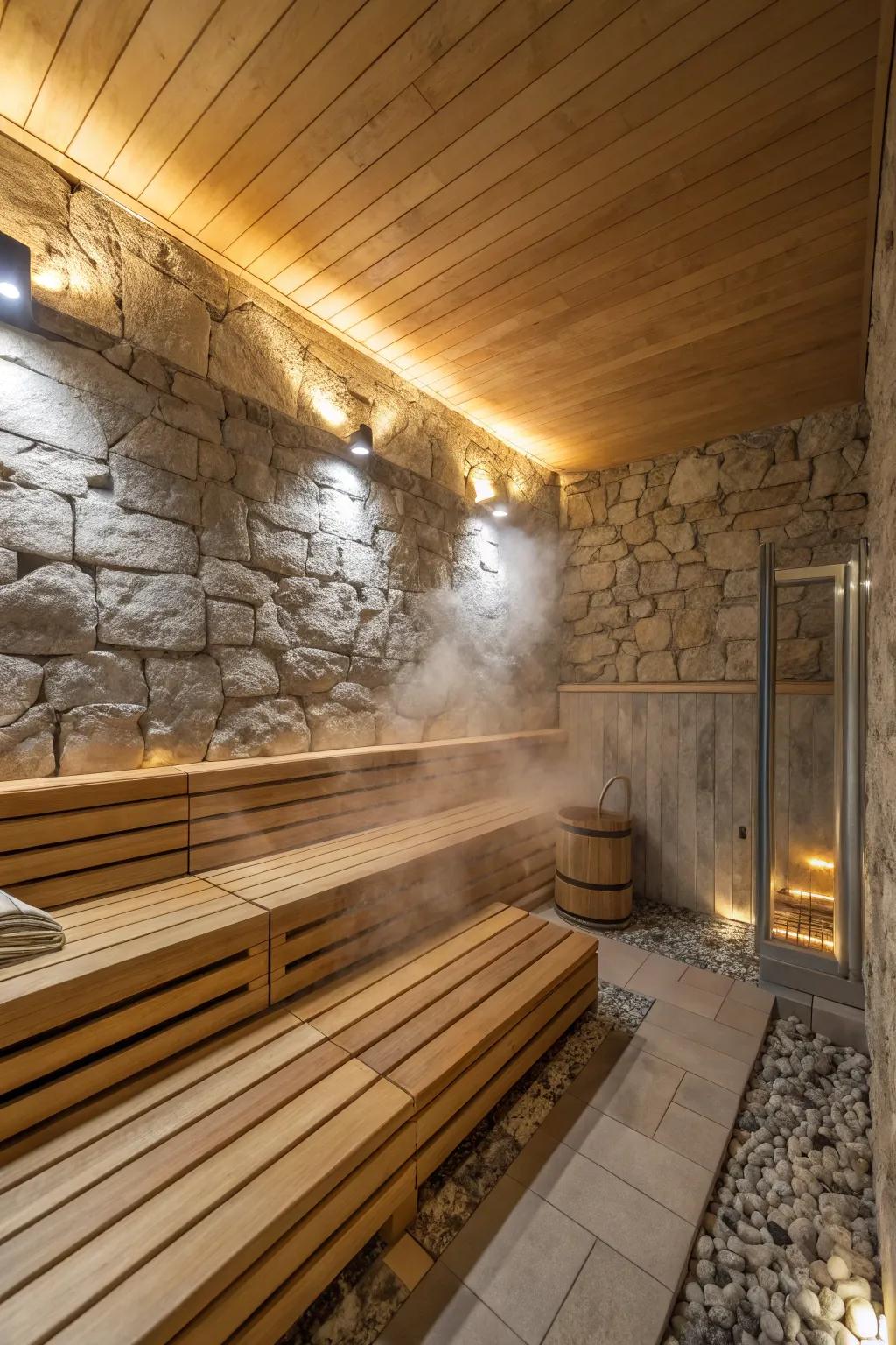 Natural components such as wood and stone contribute to a tranquil steam shower setting.