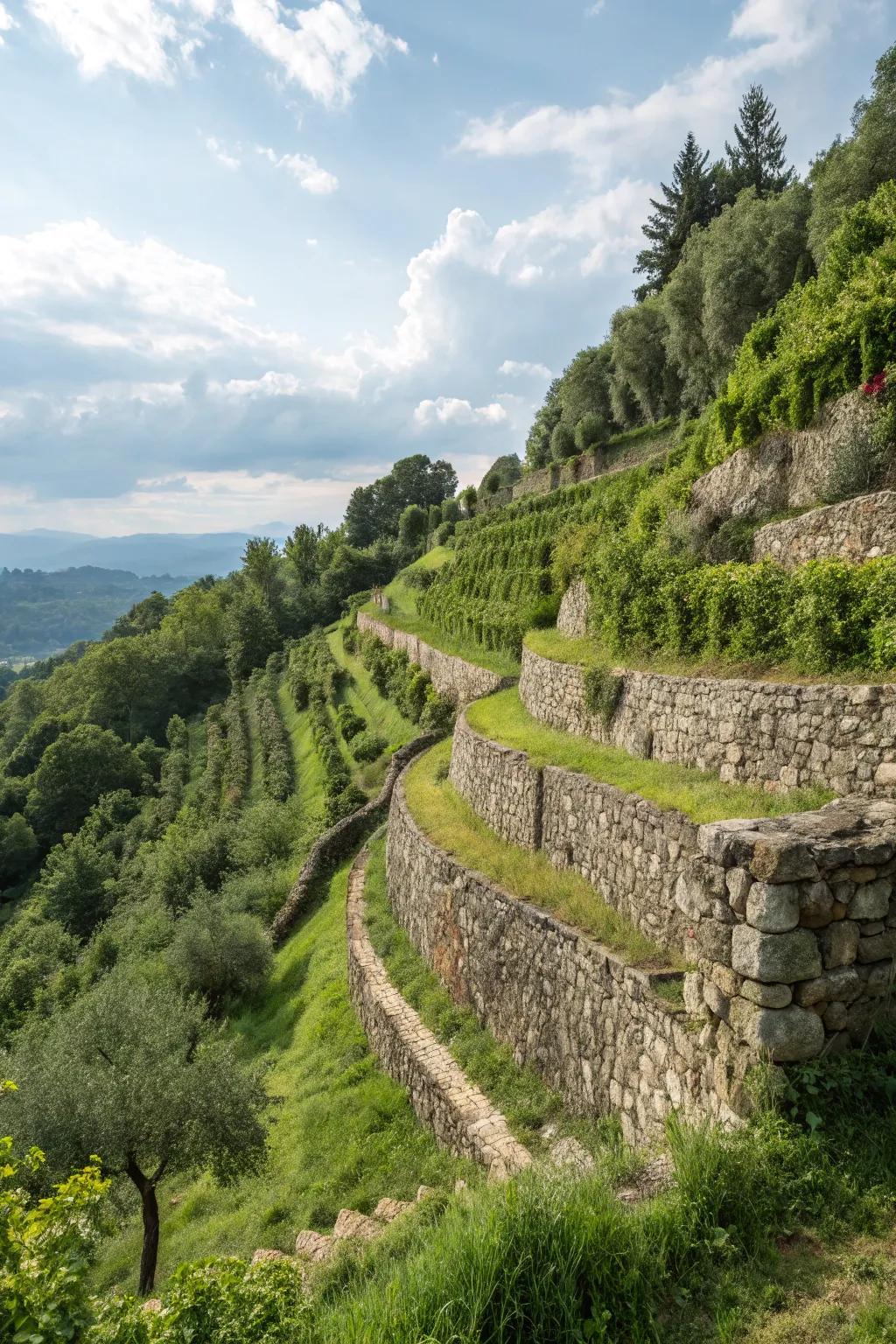 Rocks and stones infuse structure and allure into sloping gardens.
