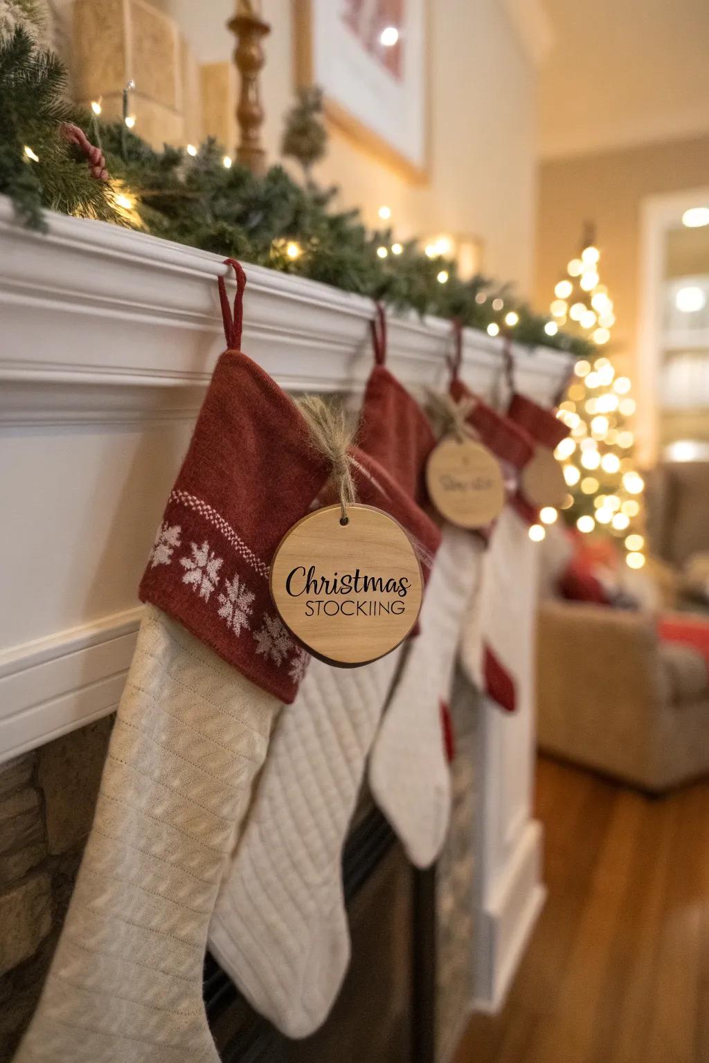 Rustic wood hangers provide a beautiful personal element to your stockings.