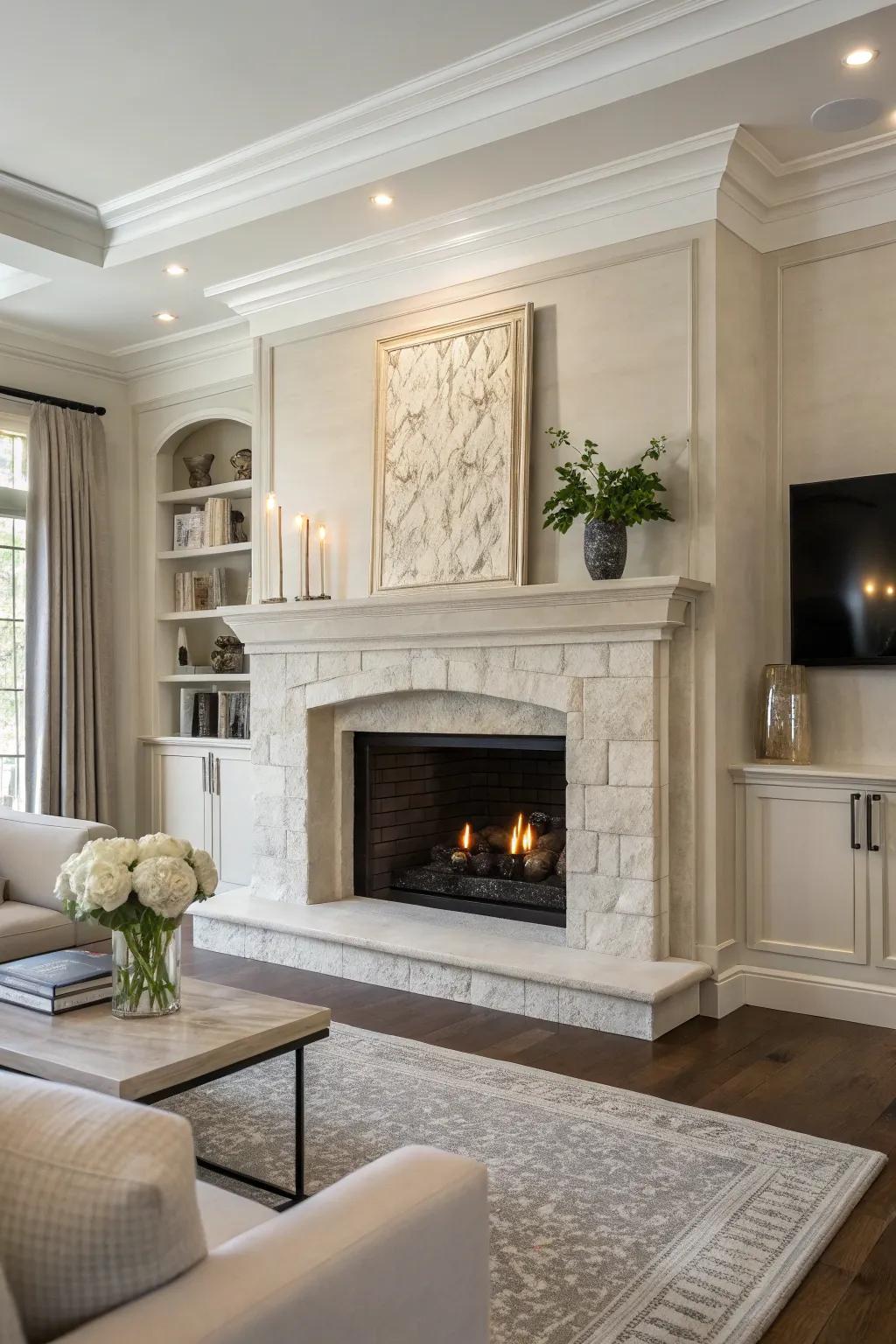 A contemporary area featuring a minimalist stone fireplace and mantel, underscoring pristine lines.